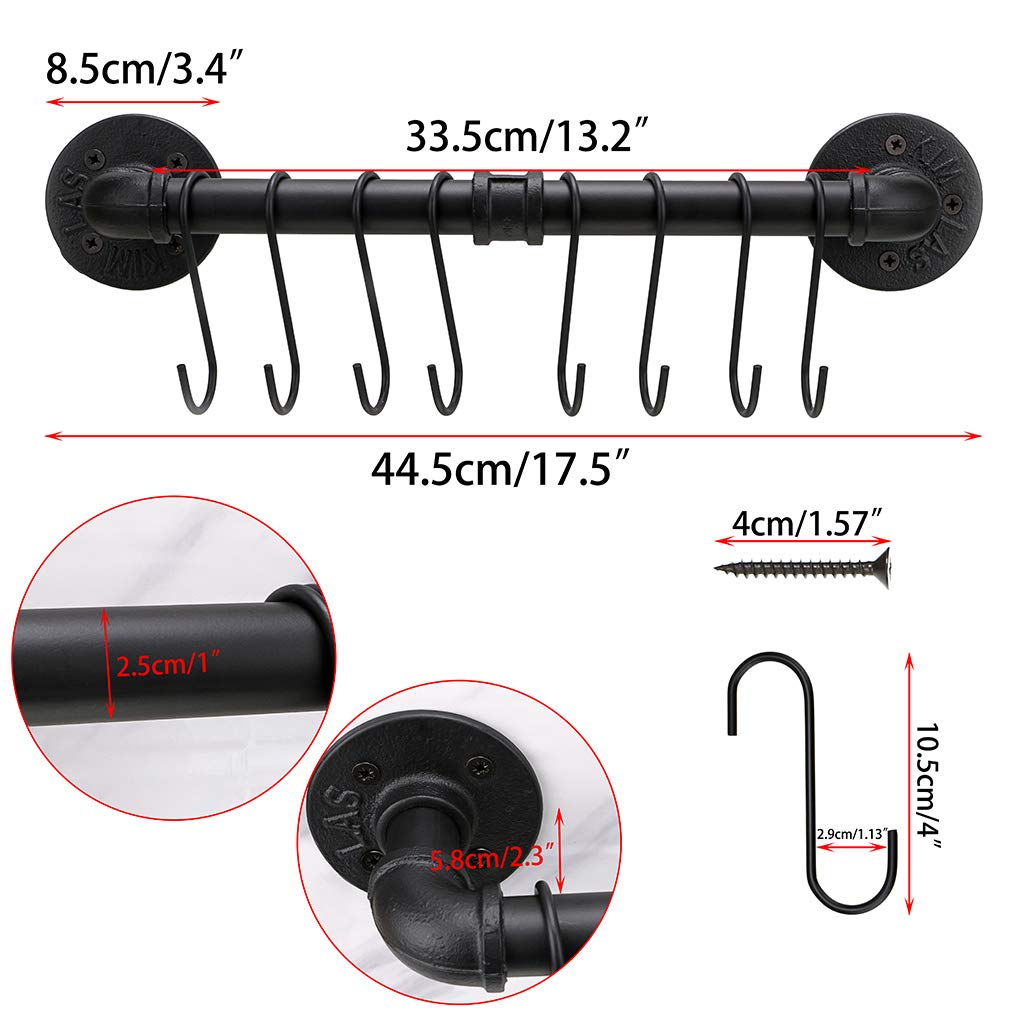 Sumnacon 16 Inch Industrial Pipe Pan Pot Rack With 8-Hooks, Wall Mounted Metal Rail Kitchen Utensil Pot Pan Lid Storage Organize