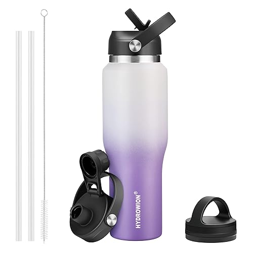 HYDROWION Stainless Steel Water Bottle  32oz Tumbler Water Flask W/Straw Lid  Spout Lid and Flex Cap  Insulated Water Bottle (Cold for 48 Hrs Hot for 24 Hrs) Fit in Any Car Cupholder White&Purple