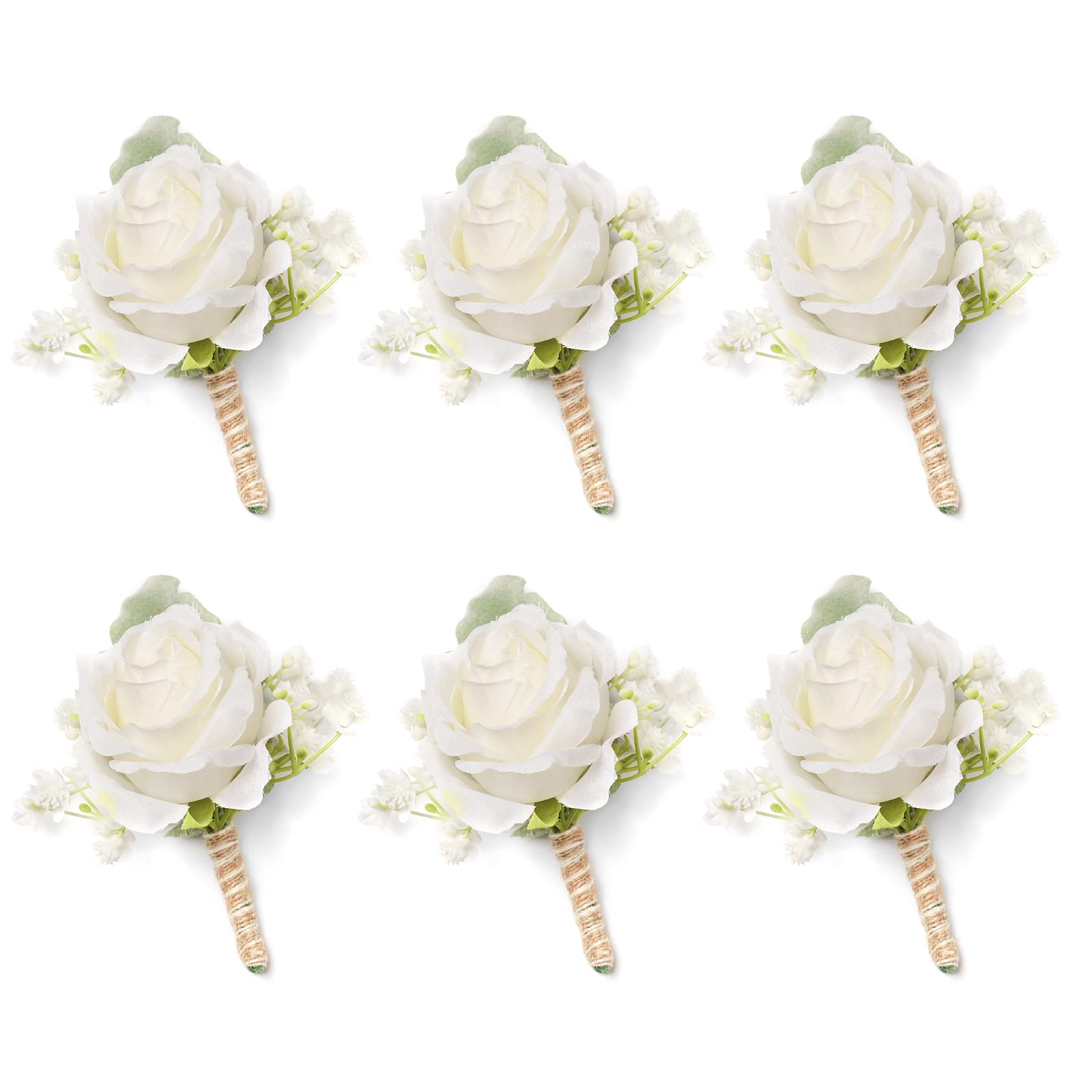 YSUCAU White Rose Boutonnieres for Men Wedding Babys Breath Boutonniere for Best Men Groom Groomsmen Wedding Prom Set of 6 (6 W