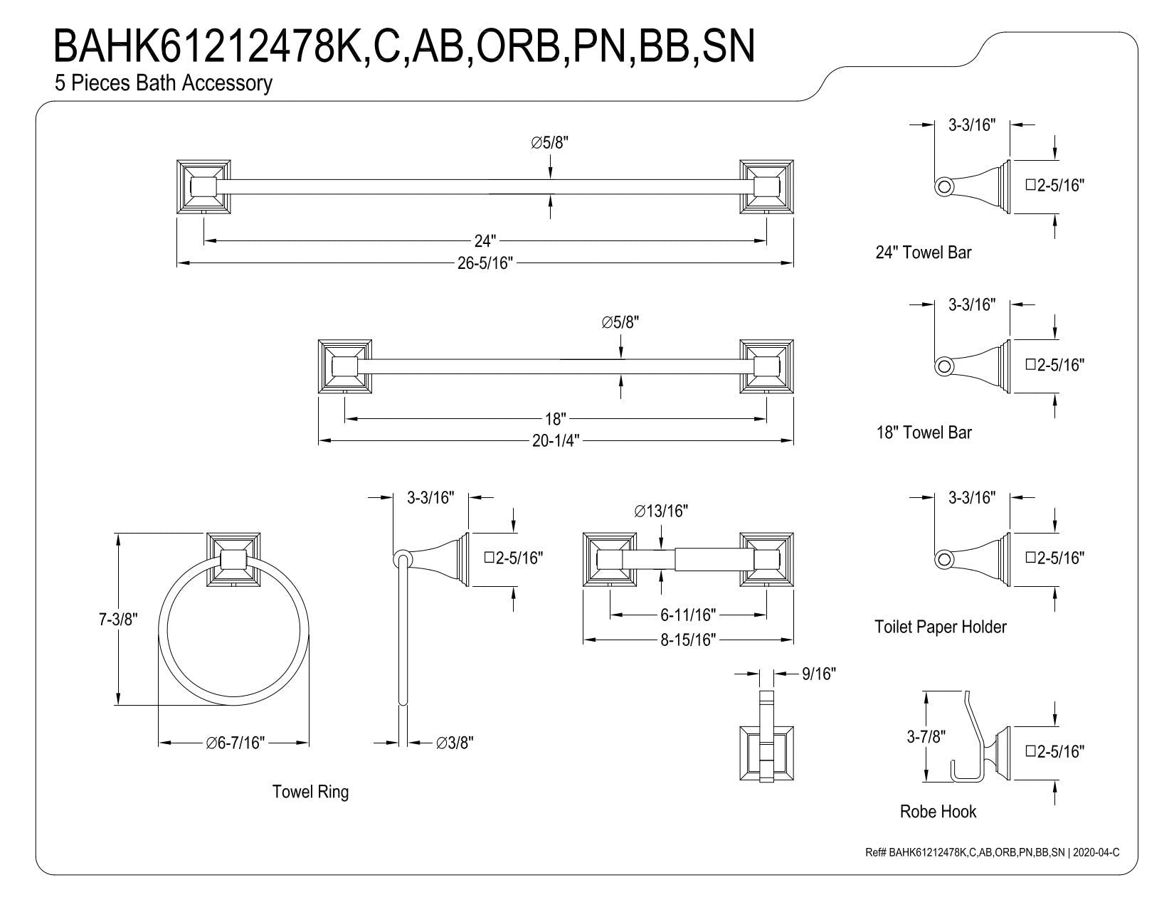 Kingston Brass Bahk61212478Sn Monarch Bathroom Hardware Set, 24-Inch Length, Brushed Nickel