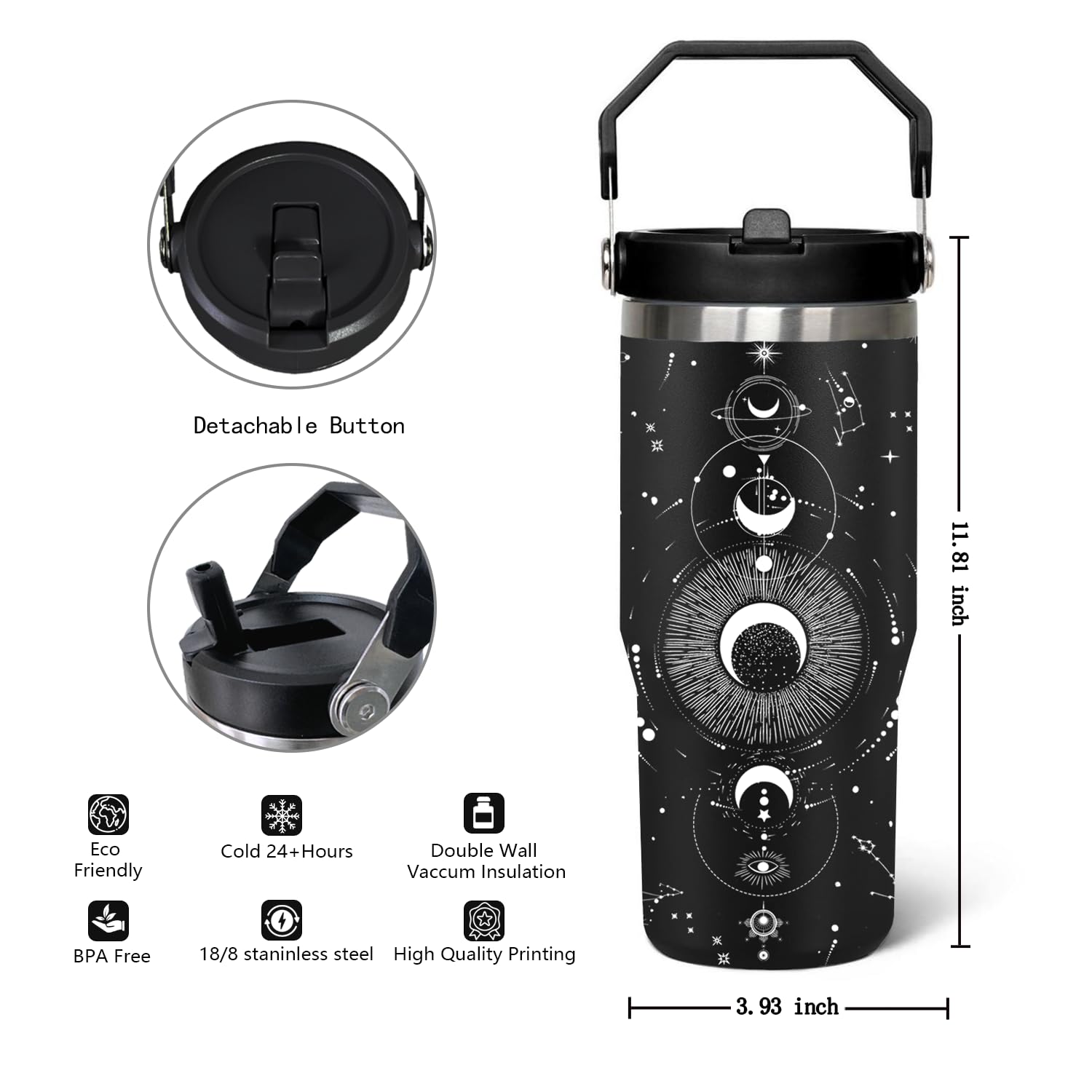 Qwpmvhsak 30 Goth Tumbler With Handle Lid And Straw,Sun And Moon Cup Gothic Witch Coffee Travel Mug Cup,Astrology Witchy Gifts F