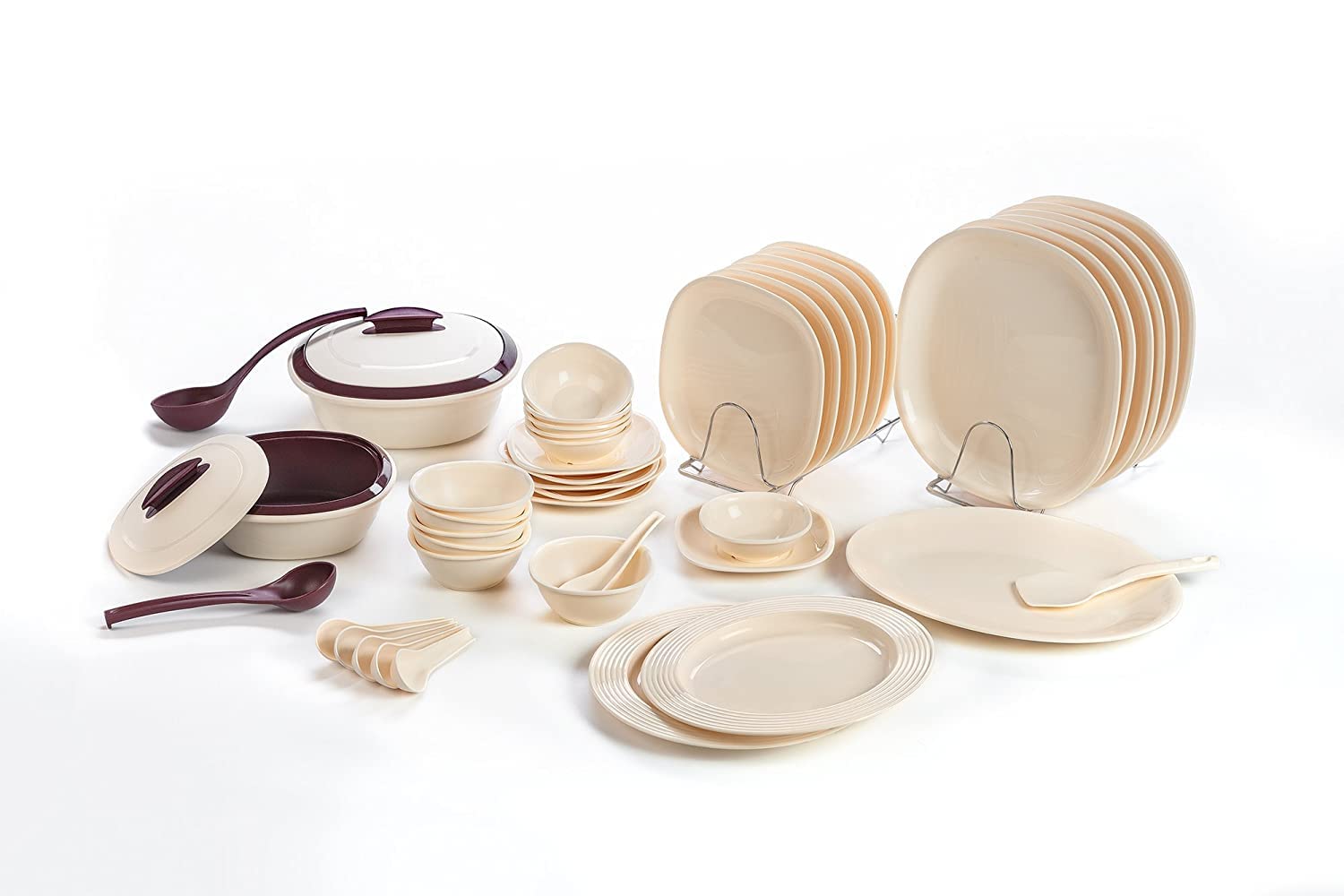 Signoraware Plastic Dinnerware Set, 46Pieces, Off White And Maroon