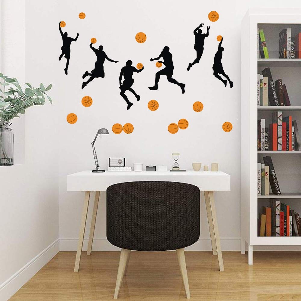 Basketball Slam Dunk Silhouette Wall Decals (20 Decals) Sport Player Wall Stickers Peel& Stick Jumpman Wall Art For Boys Teens L