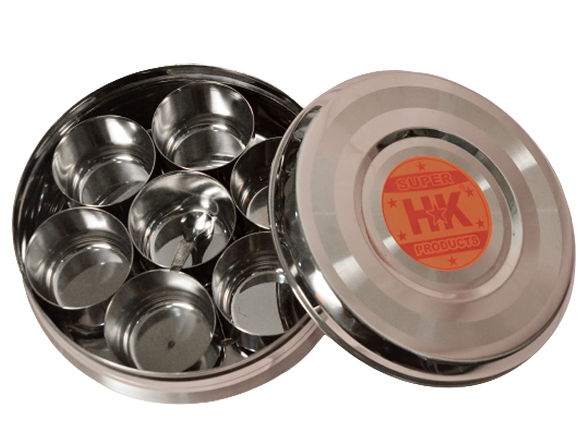 Super Hk Stainless Steel Belly Shape Masala (Spice) Box/Dabba/Organiser With 7 Containers And 1 Small Spoon (Small: 7.5 Inches D