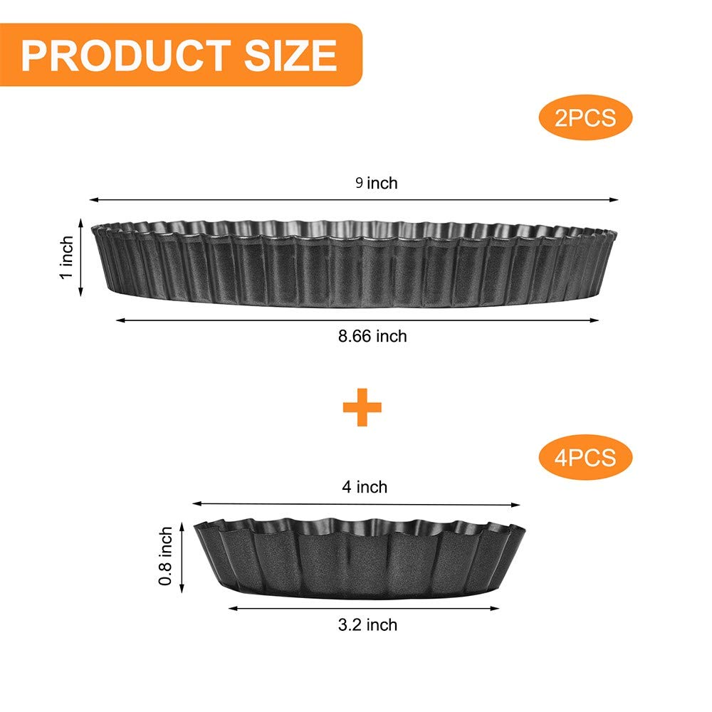 Toraso 9 Inch And 4 Inch Tart Pan With Removable Bottom, 2 Pcs 9 Inch Quiche Pan And 4 Pcs 4 Inch Pie Pan, Non-Stick Baking Pan