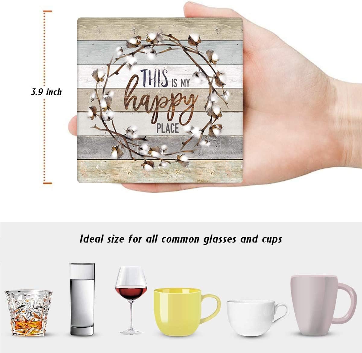 Britimes Coaster For Drinks Set Of 6, Worn Wood Absorbent Square Ceramic Stone Mat, With Cork Base And Metal Holder, Gift For Ho