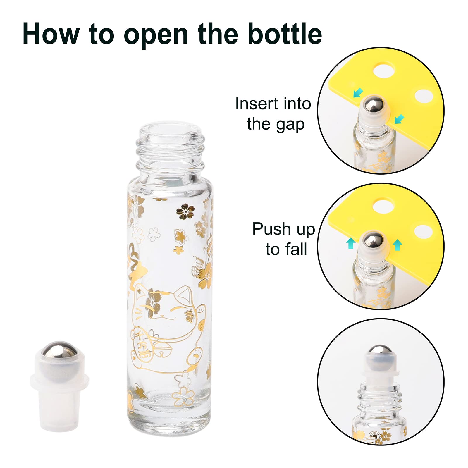 Jiuwu 10Pcs 1/3Oz Glass Roller Bottles 10Ml Lucky Cat Glass Roll On Bottles With Stainless Steel Rollerball Funnel Pipette & Ope
