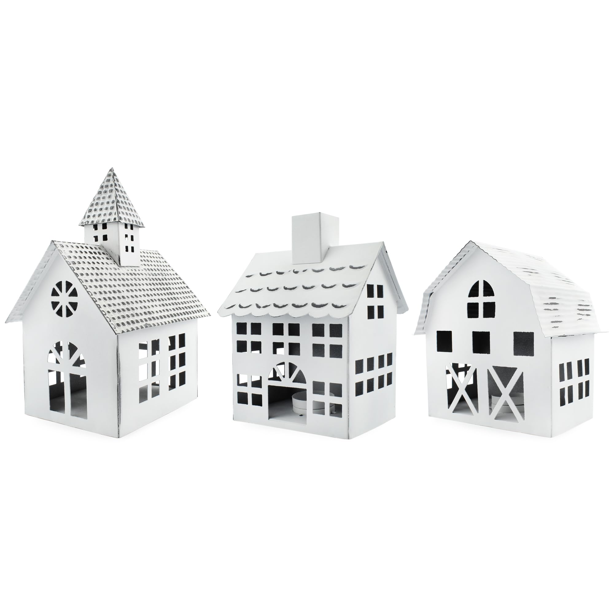 AuldHome Design Farmhouse Christmas Village Collection #2 w/Church, Barn and School (Set of 3, White); Candle Lantern Decorative