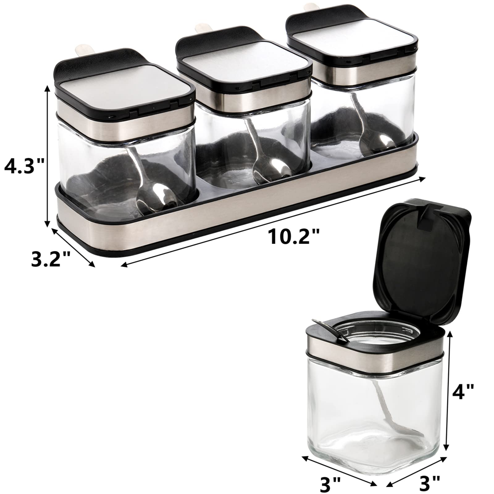 Deayou 3 Pack Glass Seasoning Box With Tray, Clear Condiment Canister With 18/10 Stainless Steel Lid And Spoon, Kitchen Spice Po