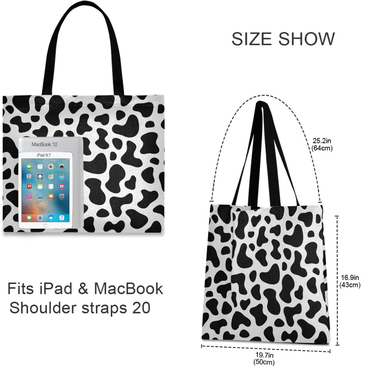 Visesunny Women 'S Large Canvas Tote Shoulder Bag Cow Spot Top Storage Handle Shopping Bag Casual Reusable Tote Bag For Beach,Tr