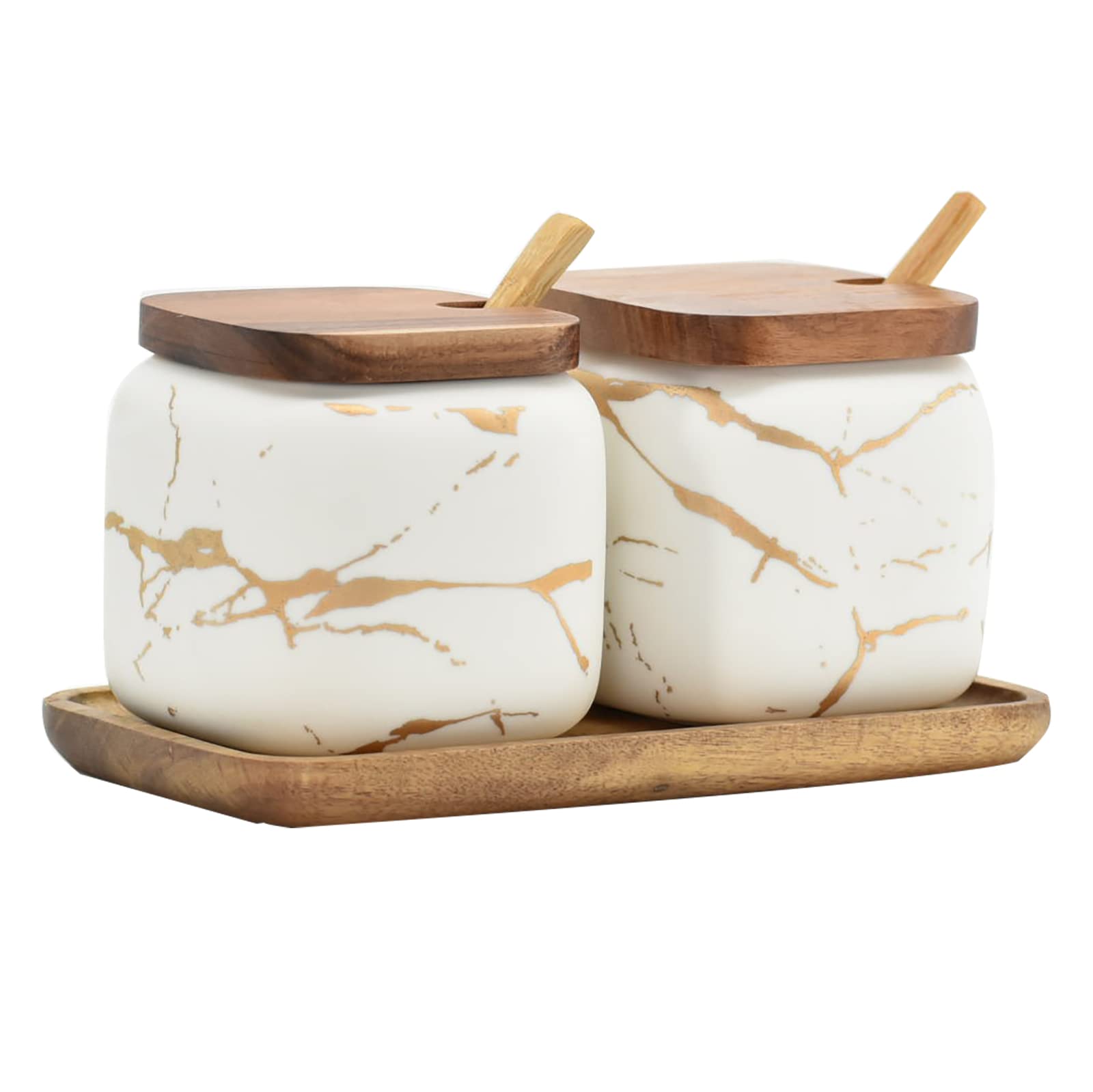 Eimquvw Sets Of 2 Marble Ceramic Seasoning Jars Ceramic Sugar Salt Bowl Condiment Pots With Wooden Lids,Wooden Spoon And Wooden