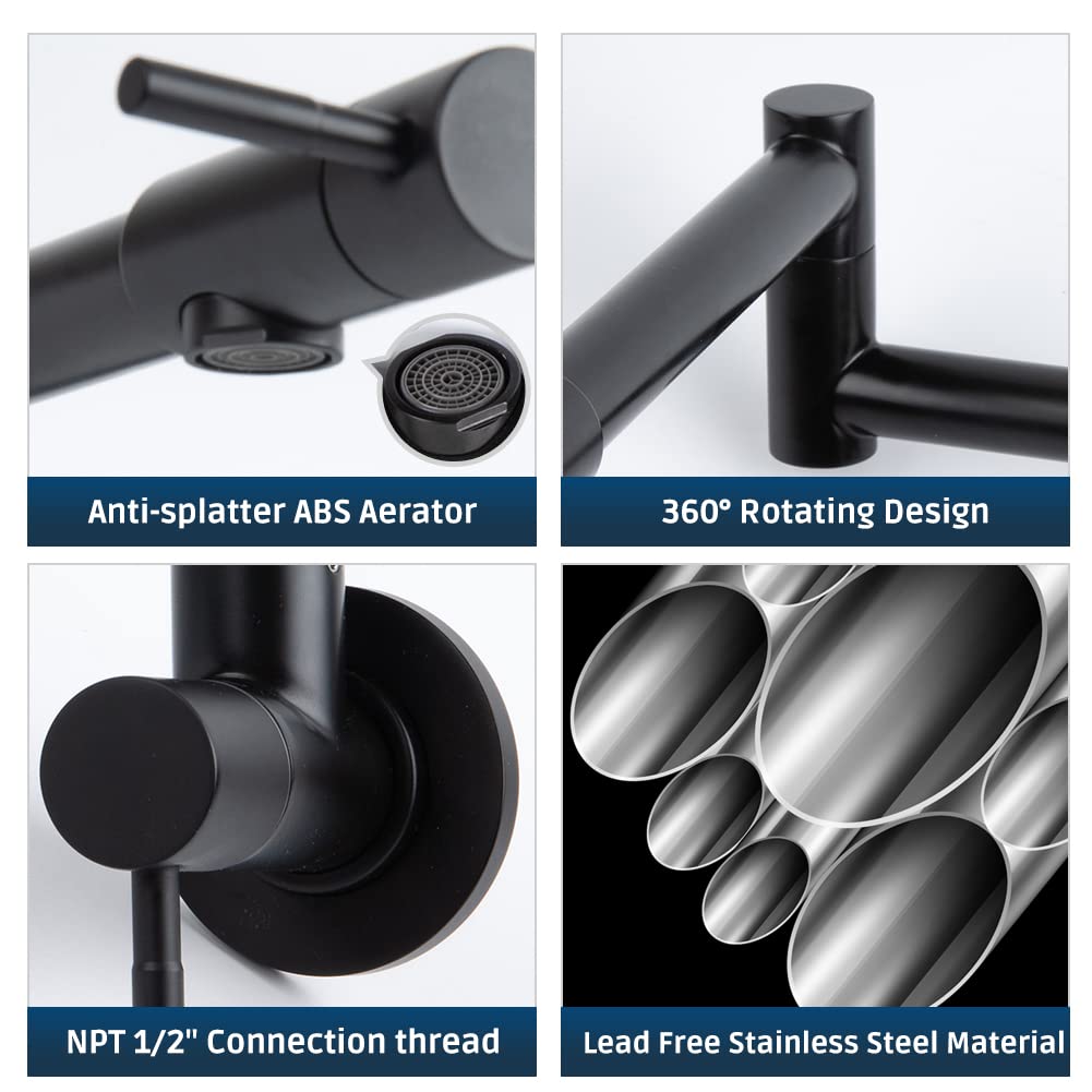 Allkorma Pot Filler Faucet Matte Black, Wall Mount Kitchen Stainless Steel Faucets, 19.7'' Folding Stretchable Faucet, 2 Joint S