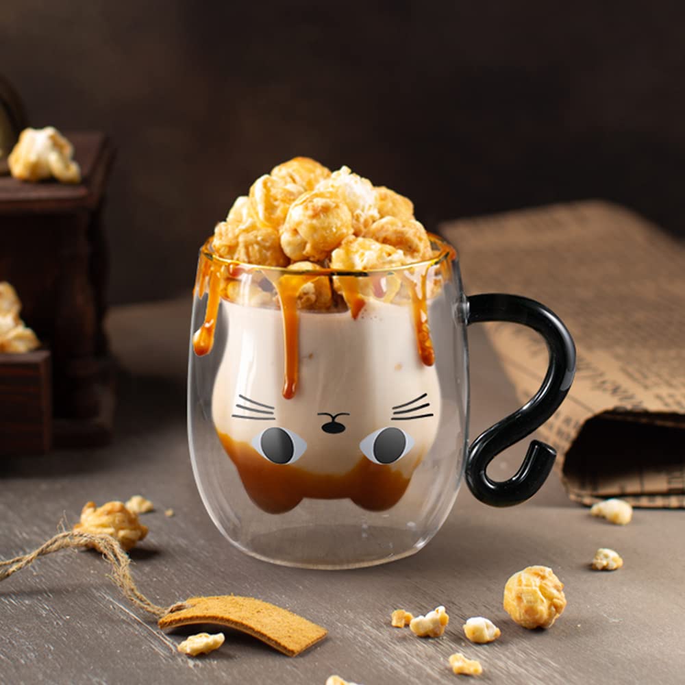 Ecooe Cute Cat Mug Glass Coffee Cup 9.8Oz Double Walled Glass Mug Cappuccino Latte Glass Cup With Handle Spoon, Milk Tea Cat Cup