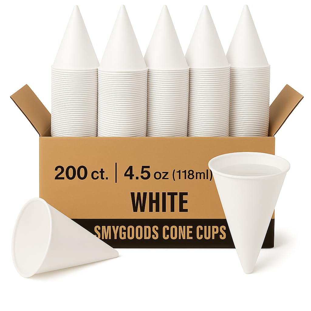 Smygoods Disposable White Paper Cone Cups (Pack of 200-4.5 oz) Eco-Friendly, Leak-Proof, Ideal for Events, Water Coolers, Quick 