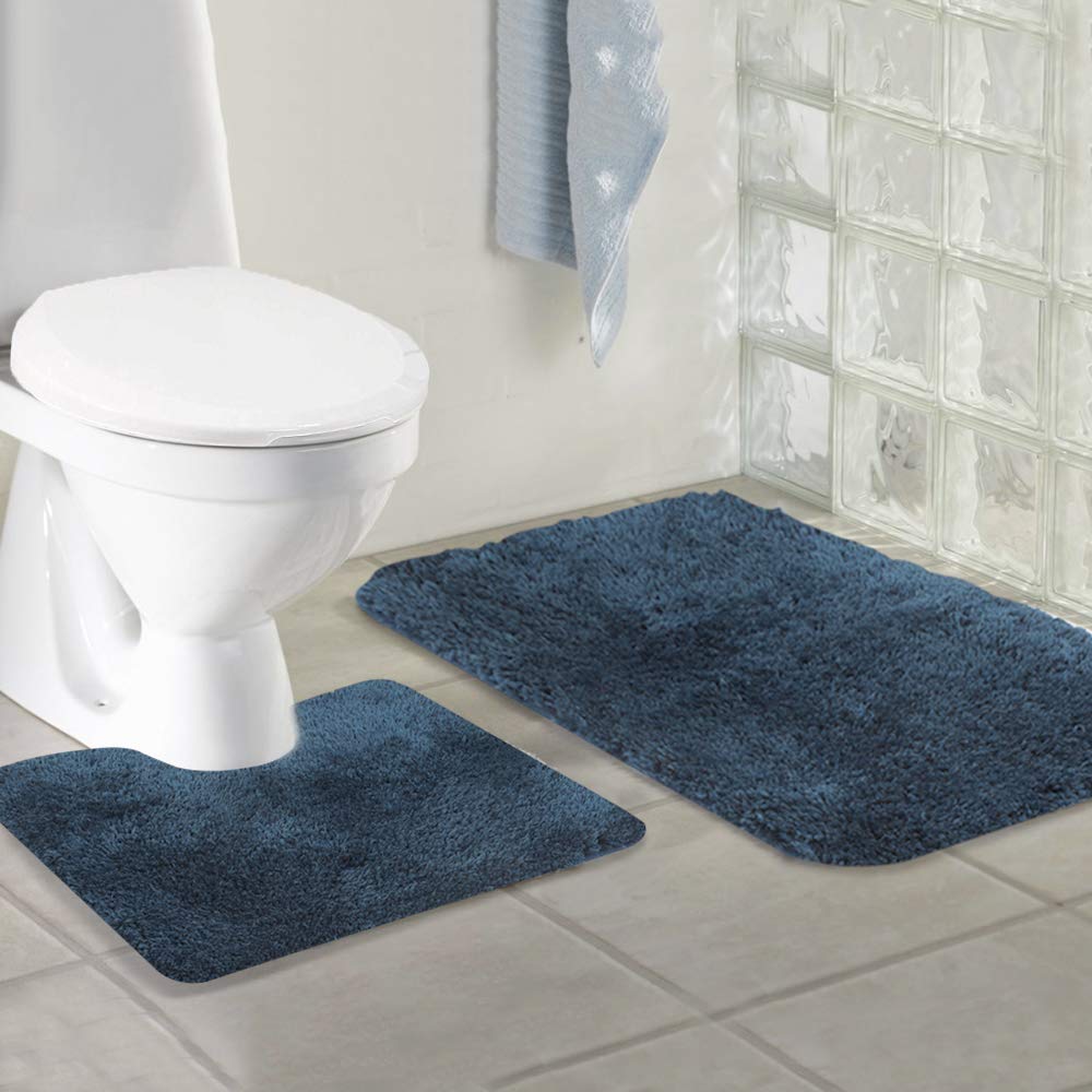 Walensee Bath Rug Set (Navy) - 2 Piece Shaggy U Shape Contour & Bathroom Rug - Absorbent, Non-Slip, Machine Washable, Heavy Weig
