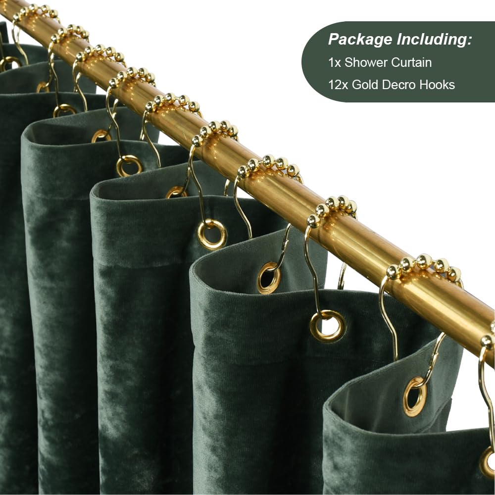 Tamgho 84 Inch Shower Curtain, Luxury Crushed Velvet Shower Curtain, Extra Long Dark Green Shower Curtain Set With Gold Decro Ho