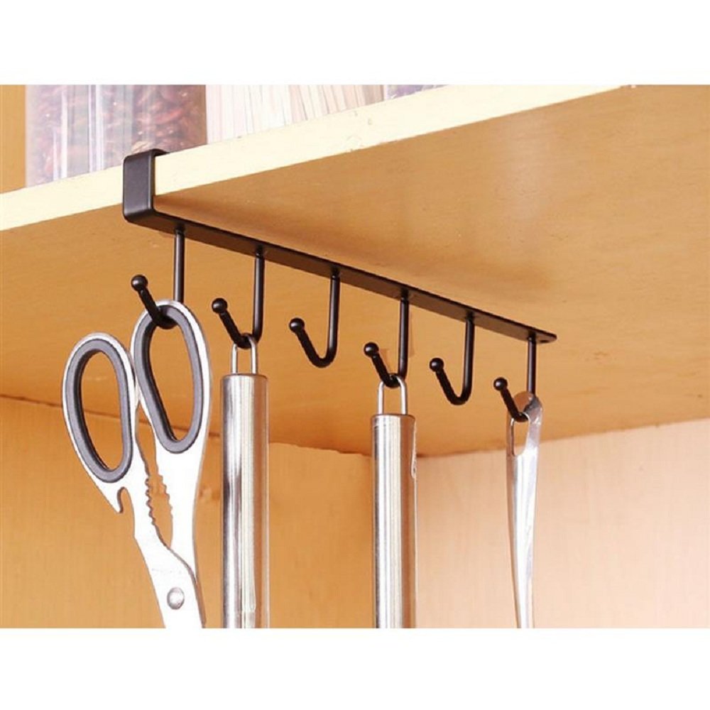 Desi Rang Metal 6 Hooks Under Shelf Hanger For Kitchen Cupboard Cabinet Bathroom Hanging Organizer For Mugs Cups Utensils Belts 