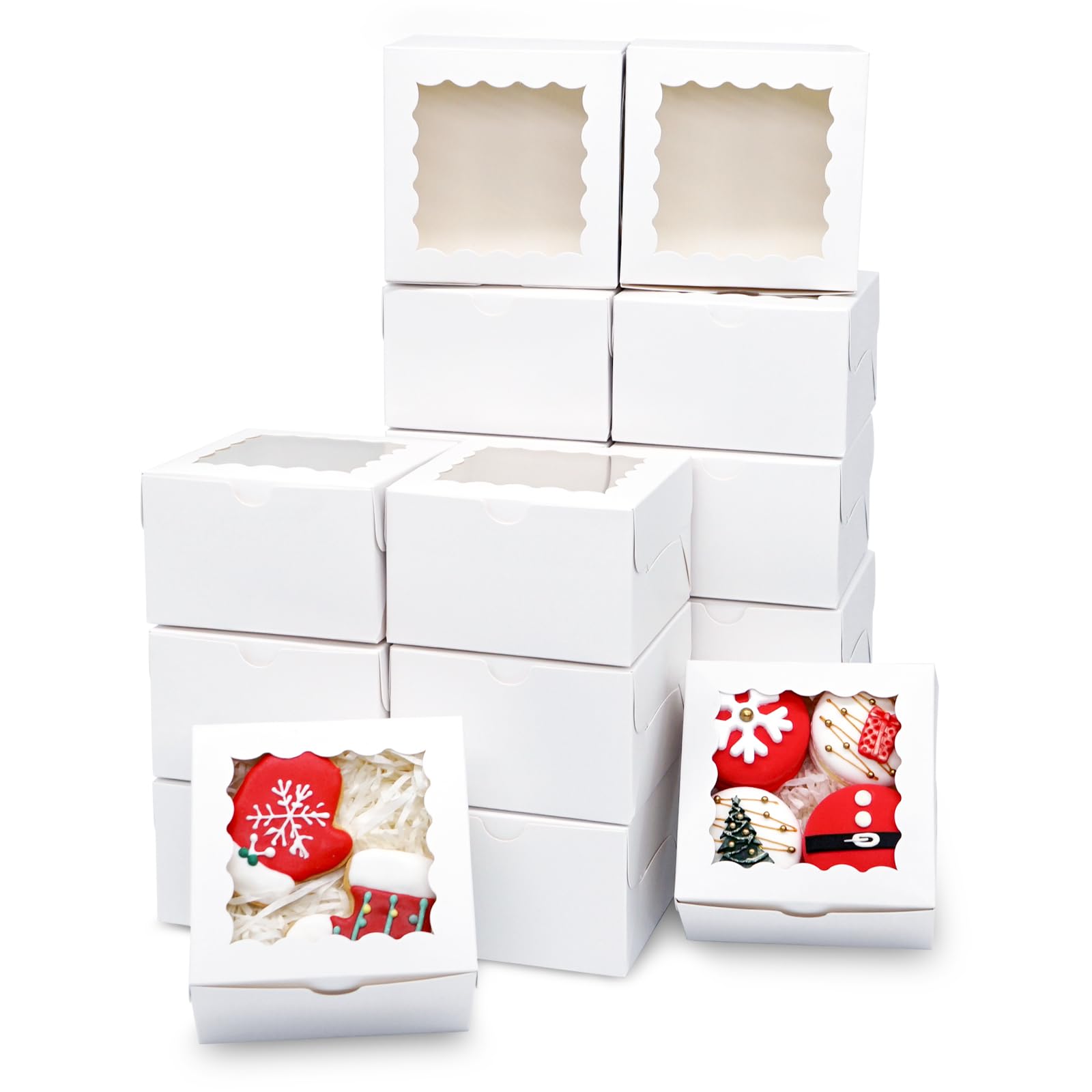 XINHPKGG 50pcs Cookie Boxes 4x4x2.5 Inch Bakery Boxes with Window Treat Box Dessert Box for Wedding Favors Party Baby Shower - W