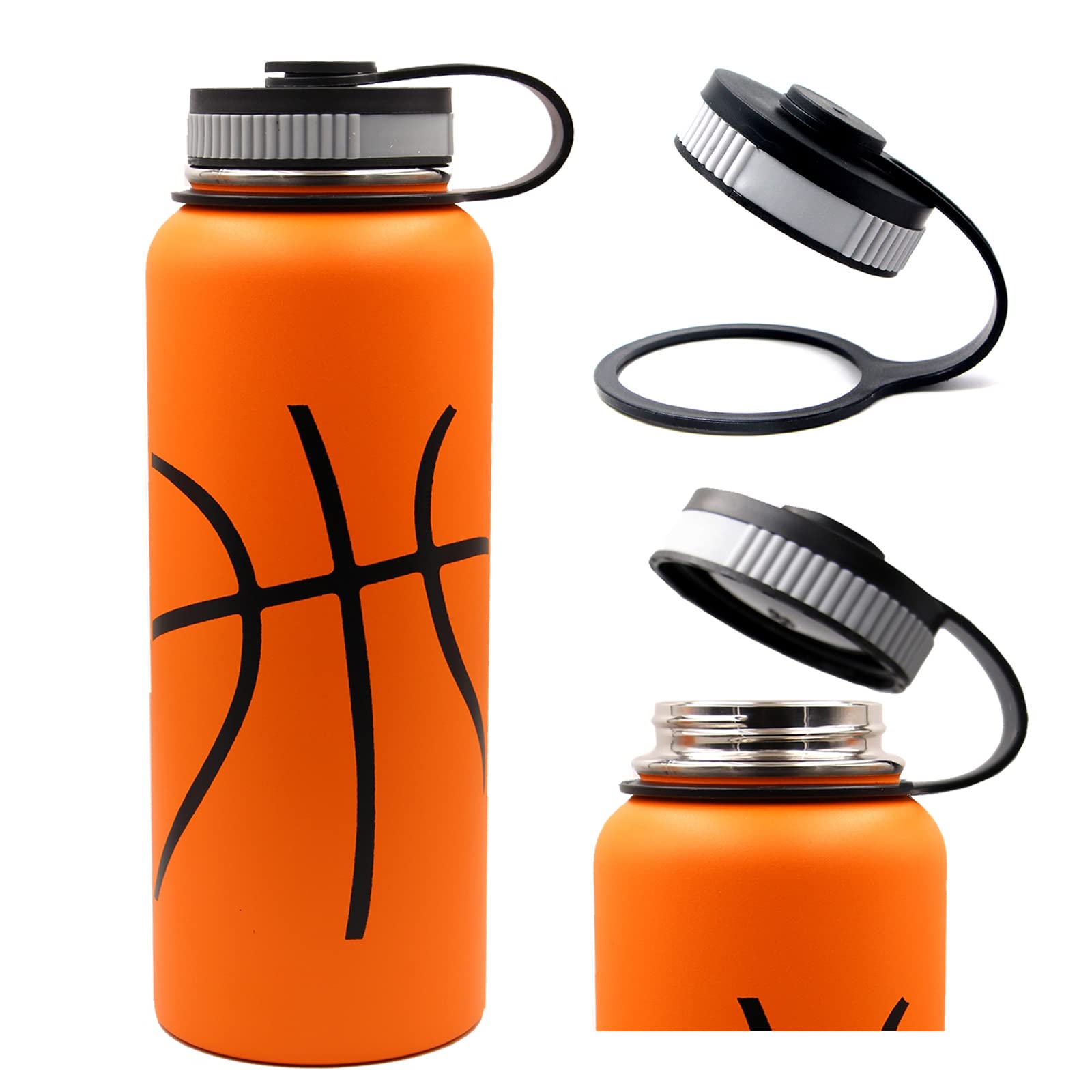 40 Oz Basketball Water Bottle, Flask Sports With 2 Lids 18/8 Stainless Steel Travel Tumbler Double Wall Vacuum Insulated Hot/Col