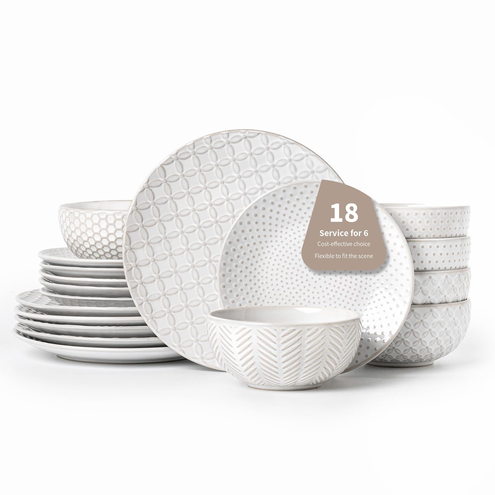 FOBENTA 18 Piece Embossed Dinnerware Sets for 6, Scratch-Resistant Plates and Bowls Sets, Microwave & Dishwasher Safe, Elegant S