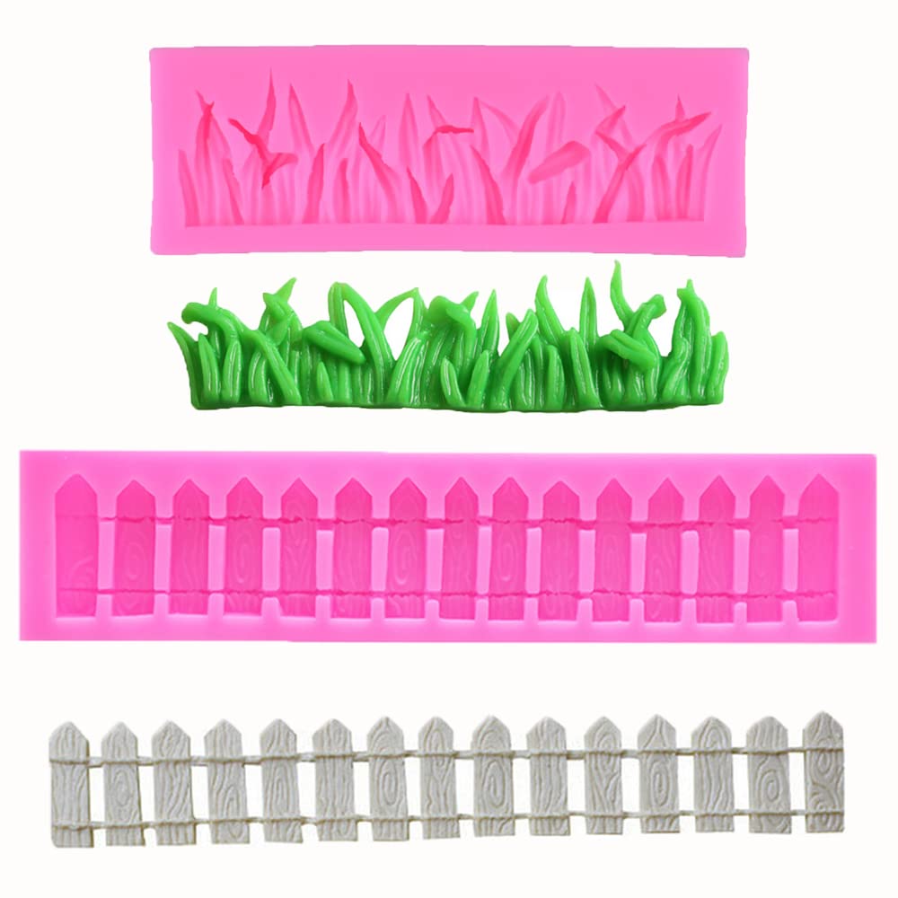 2Pcs Green Grass And Garden Picket Fence Silicone Molds For Diy Fondant Candy Making Tools Chocolate Mold Desserts Gum Clay Bisc