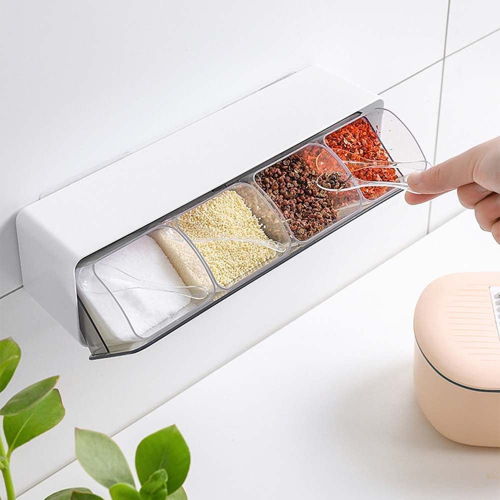 Kenayo Enterprise Wall Mounted Spice Storage Box With Spoon For Kitchen, Multipurpose Self Adhesive Seasoning Masala Spice Rack 