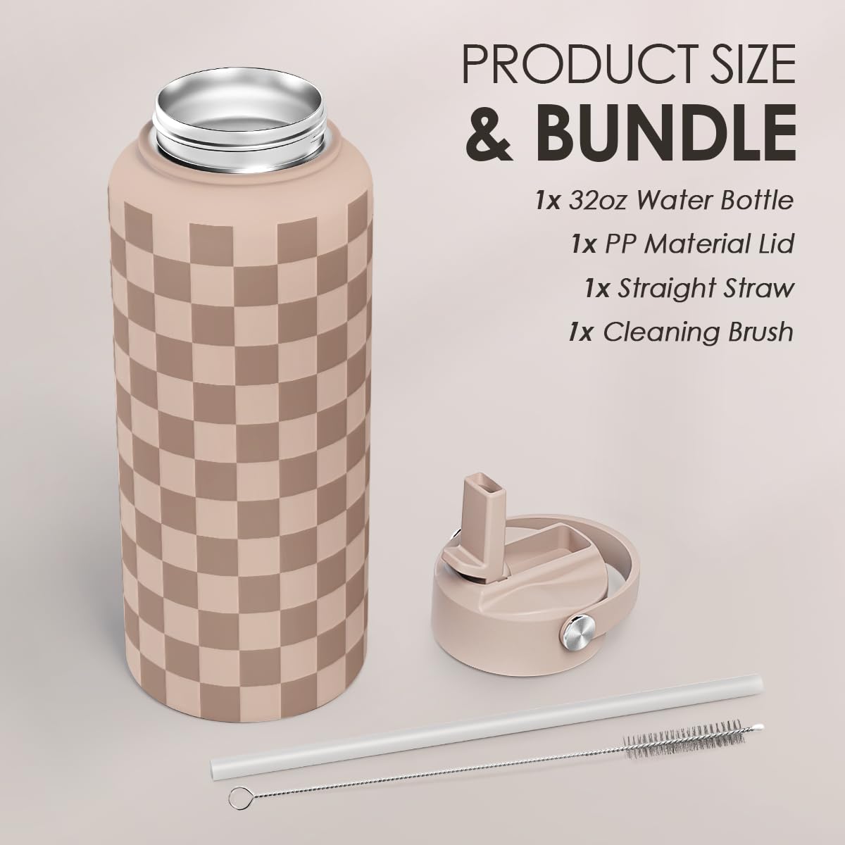 Checkerboard Water Bottle 32oz Stainless Steel with Lid & Straw, Beige Checker Insulated Bottles for Women Girls, Gift Idea for