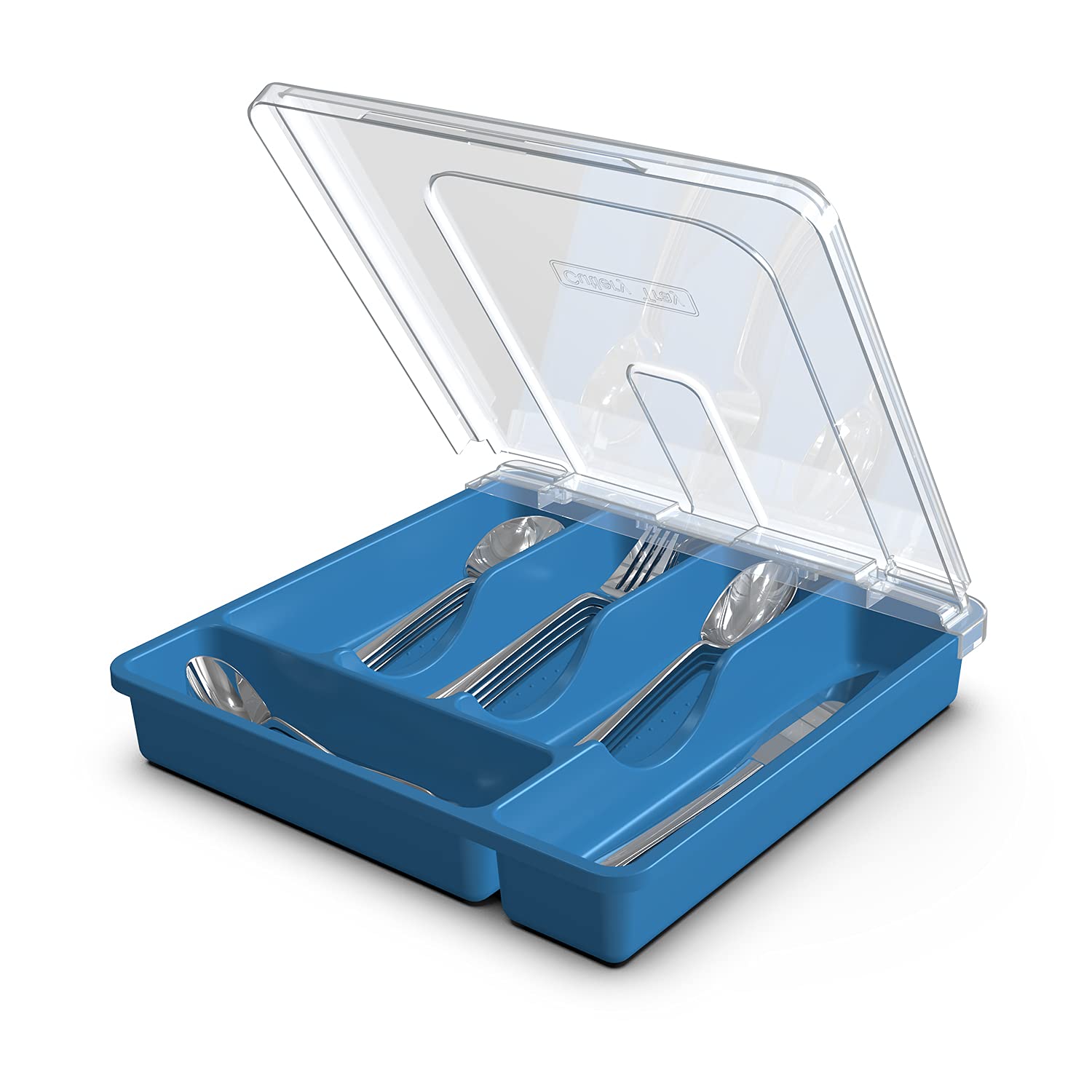 Qinol Silverware Tray With Lid, Utensil Holder For Kitchen Counter Plastic Flatware Organizers And Storage Holder 5 Compartments