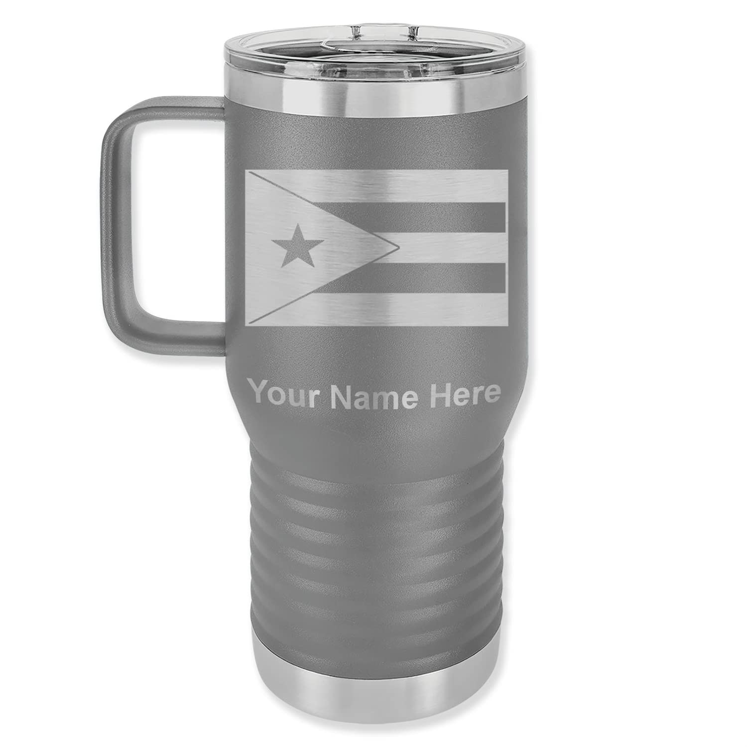 20Oz Vacuum Insulated Travel Mug With Handle, Flag Of Puerto Rico, Personalized Engraving Included (Gray)