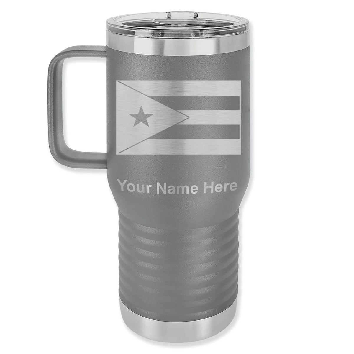 20Oz Vacuum Insulated Travel Mug With Handle, Flag Of Puerto Rico, Personalized Engraving Included (Gray)