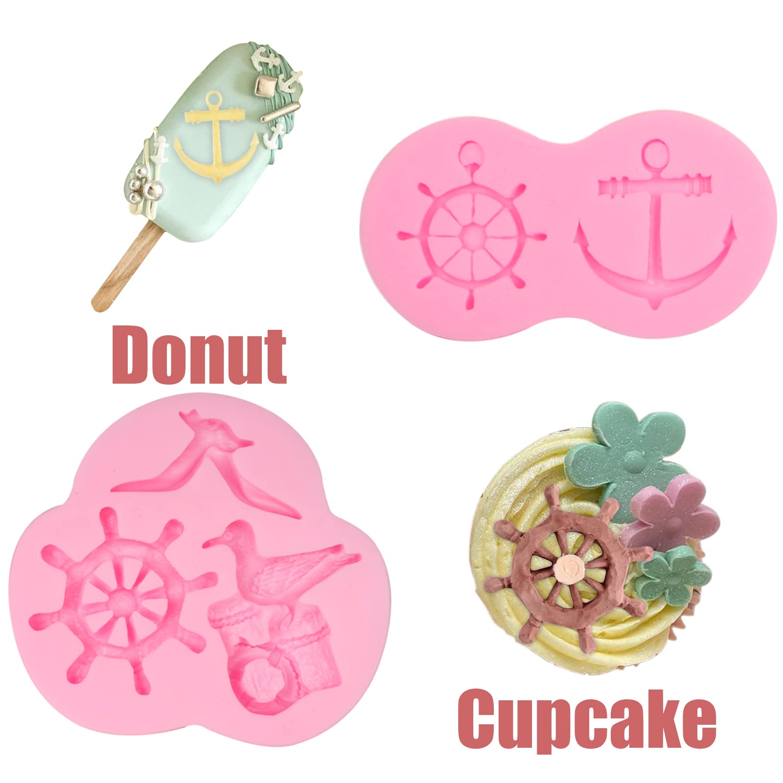 Anchor Fondant Molds 4 Pcs, Rudder Seagull Sailing Boat Hook Silicone Mold Lifebuoy Lighthouse Mold For Chocolate Cake Decoratio