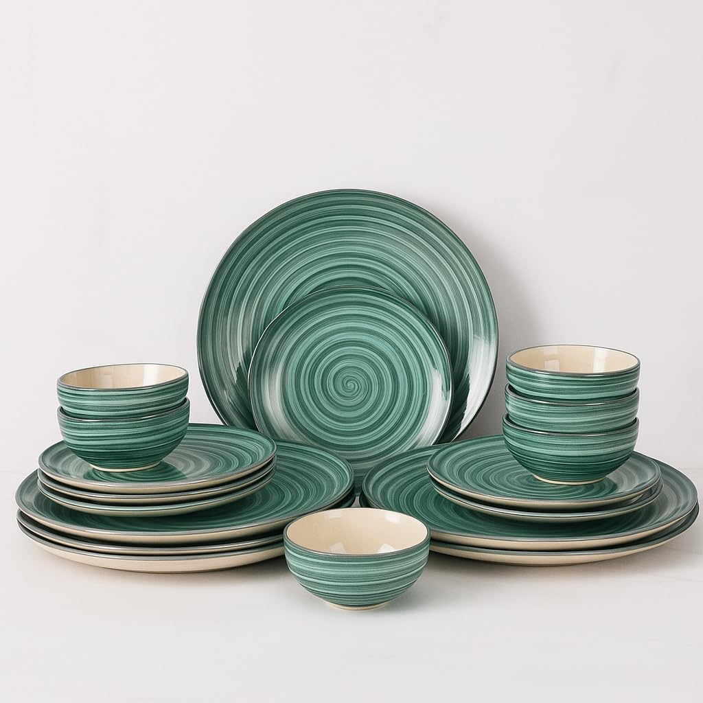 Artysta Sea Swirls Ceramic Dinner Set Of 18 Piece | 6 Ceramic Dinner Plate, 6 Quarter Plate And 6 Bowl Set | Handcrafted Stone