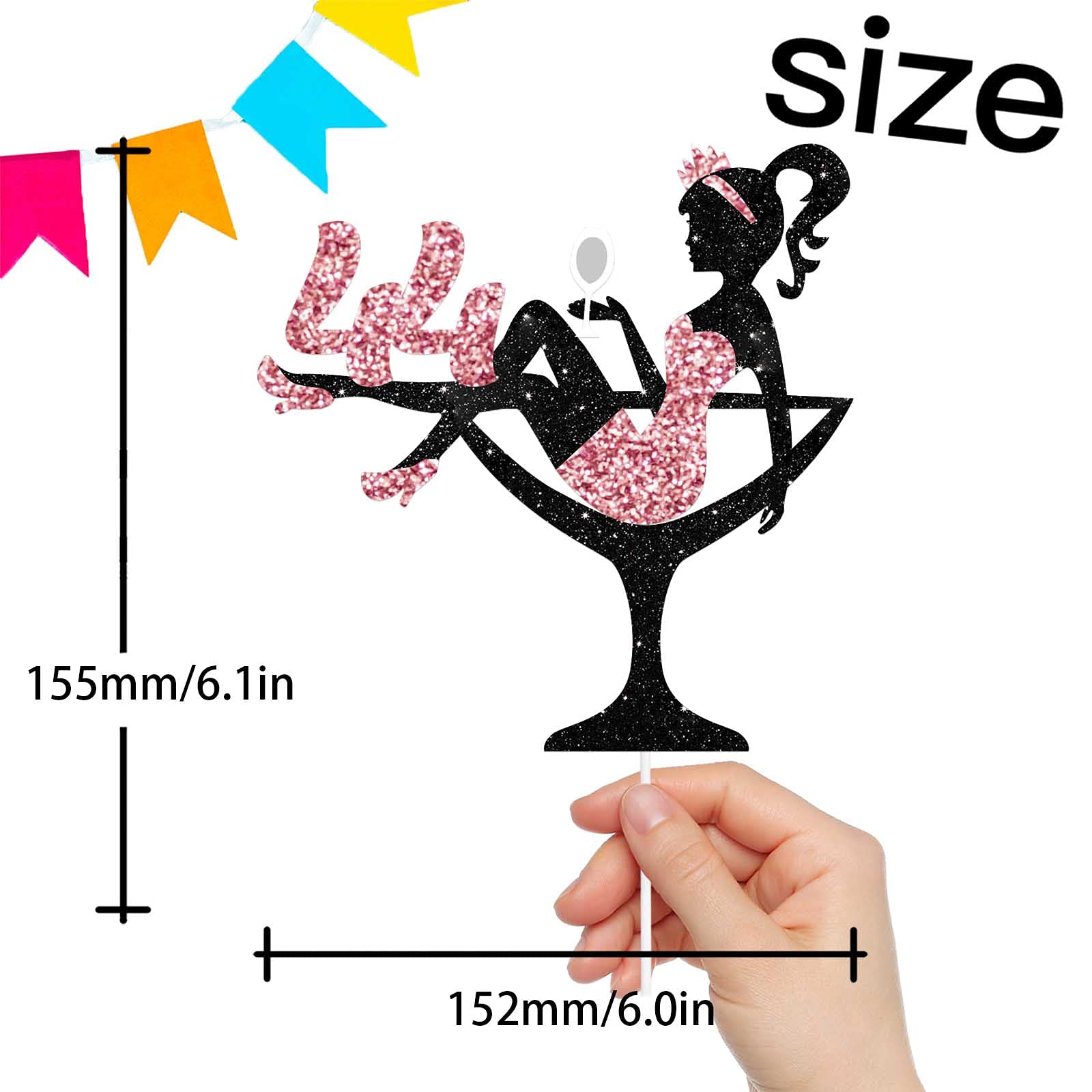 Sitting Girl Cake Topper Picks for Girl Lady 44th Birthday Makeup Spa Theme Party Decoration Supplies 44 Silhouette High Heeled Girl Cake Decor Rose Gold Glitter