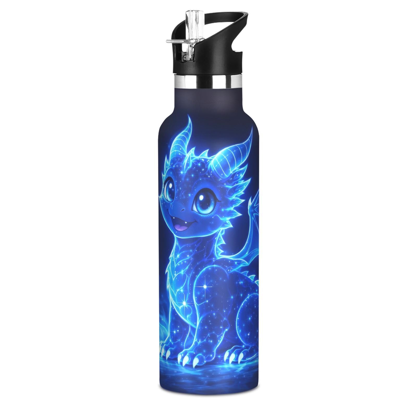 Neon Blue Dragon Kids Insulated Water Bottle with Straw Lid 600ml Stainless Steel Vacuum Sports Water Bottle Leakproof Portable 