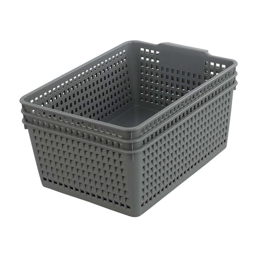 Gloreen Grey Plastic Weave Basket, Multipurpose Storage Basket For Organizer, 3 Packs