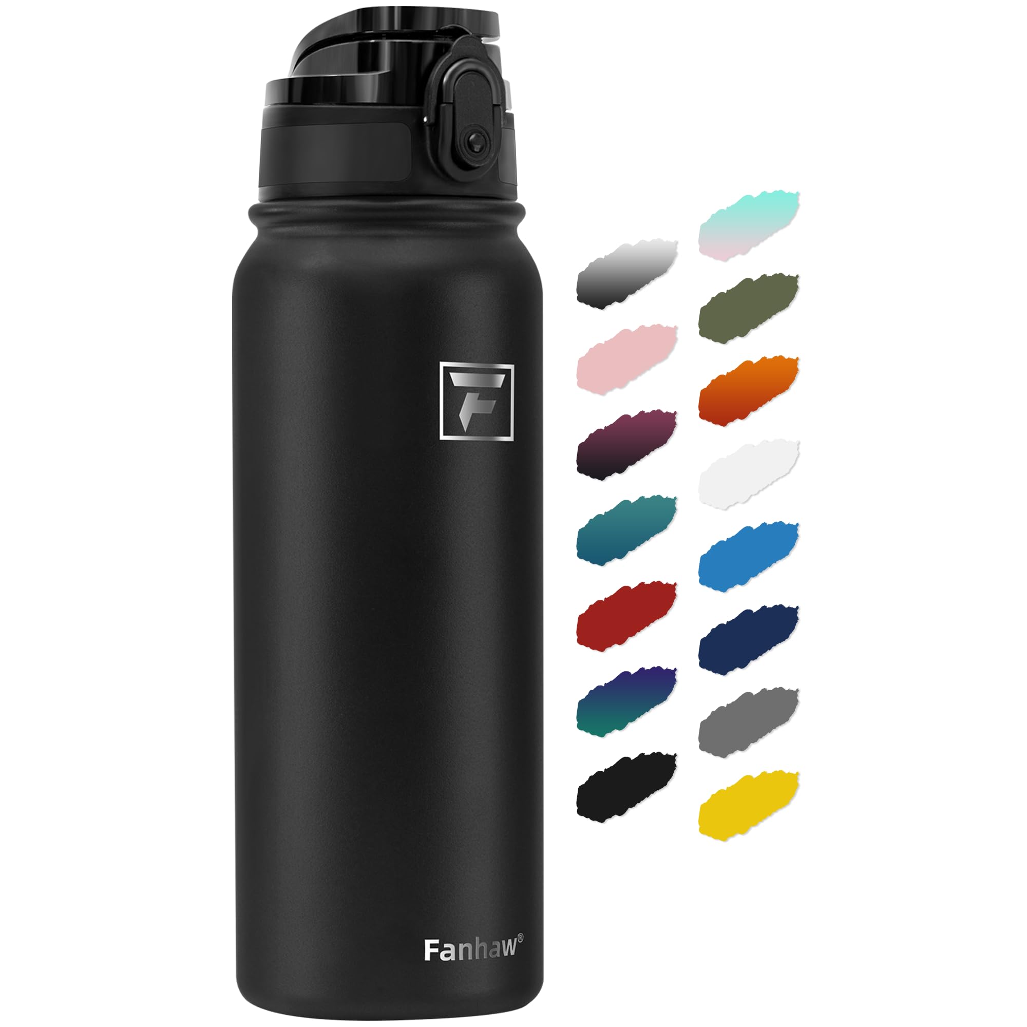 Fanhaw 20 Oz Insulated Stainless Steel Water Bottle With Chug Lid - Leak & Sweat Proof With Anti-Dust Lid (Black)