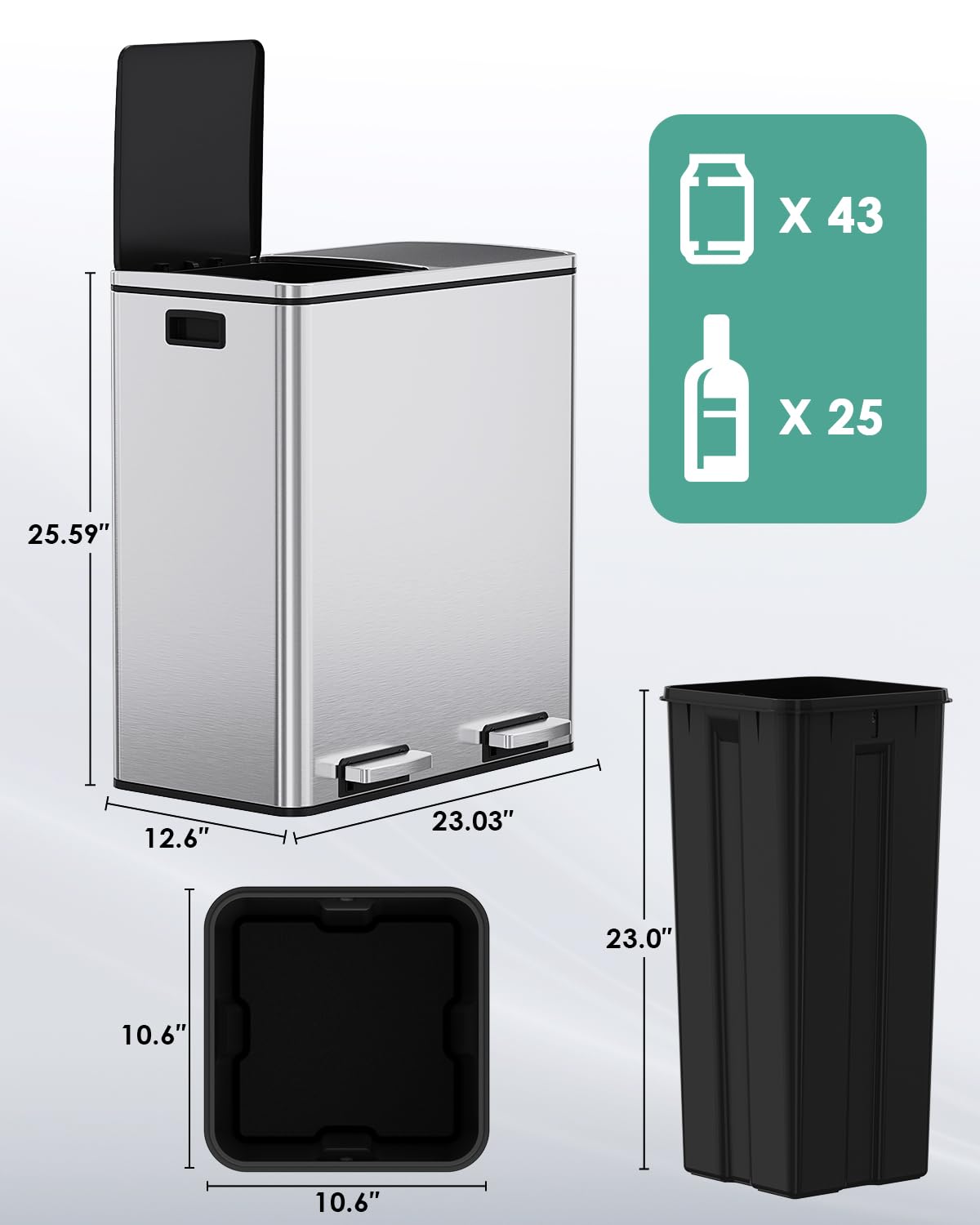 Athlike 60L(16 Gal) Dual Trash Can, Stainless Steel Kitchen Garbage Can, Double Compartment Classified Rubbish Bin, Recycle Dust