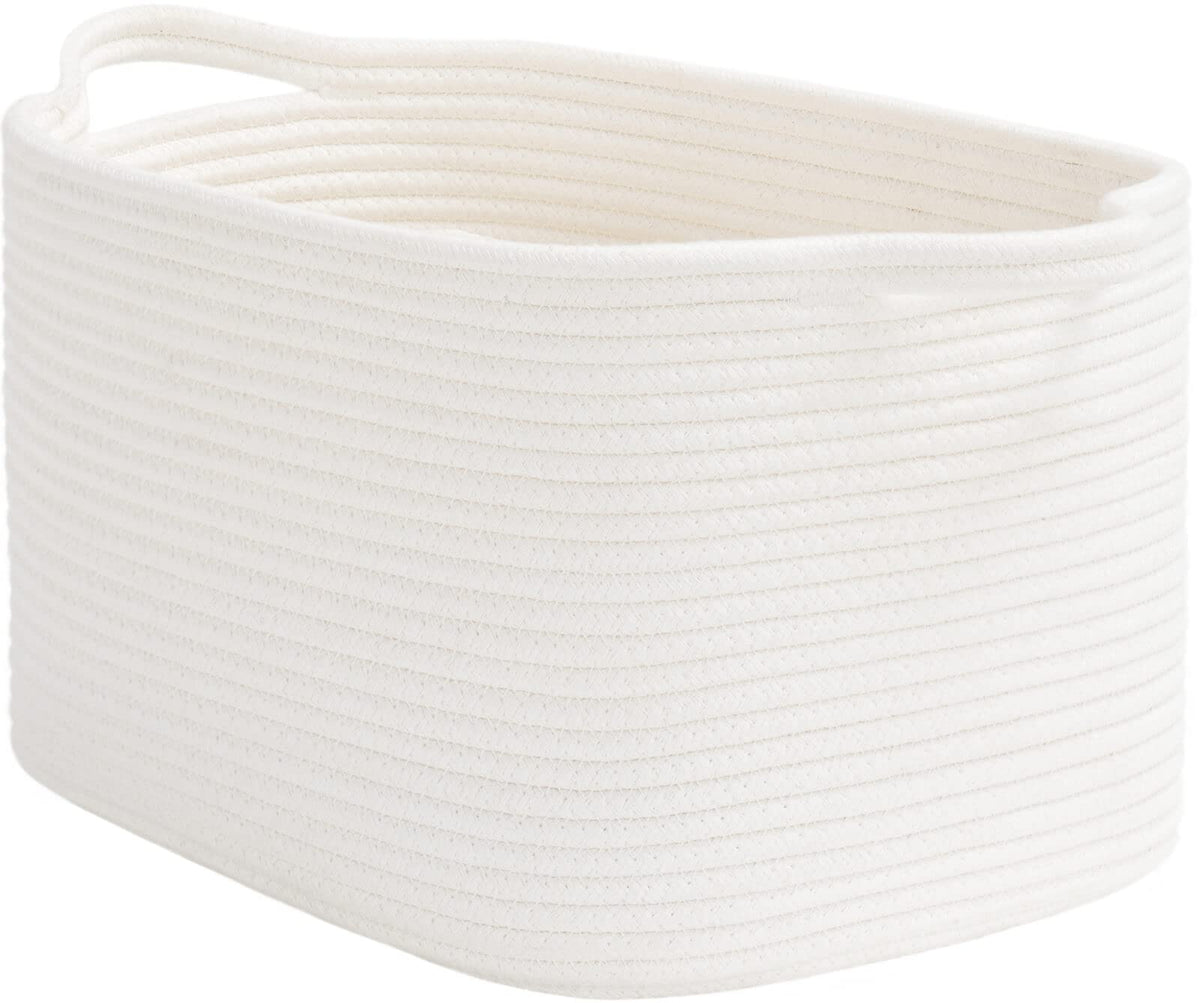 Goodpick White Woven Rope Basket With Handles, Medium Rectangle Basket For Books, Toys, Towels, Square Decorative Basket For Liv