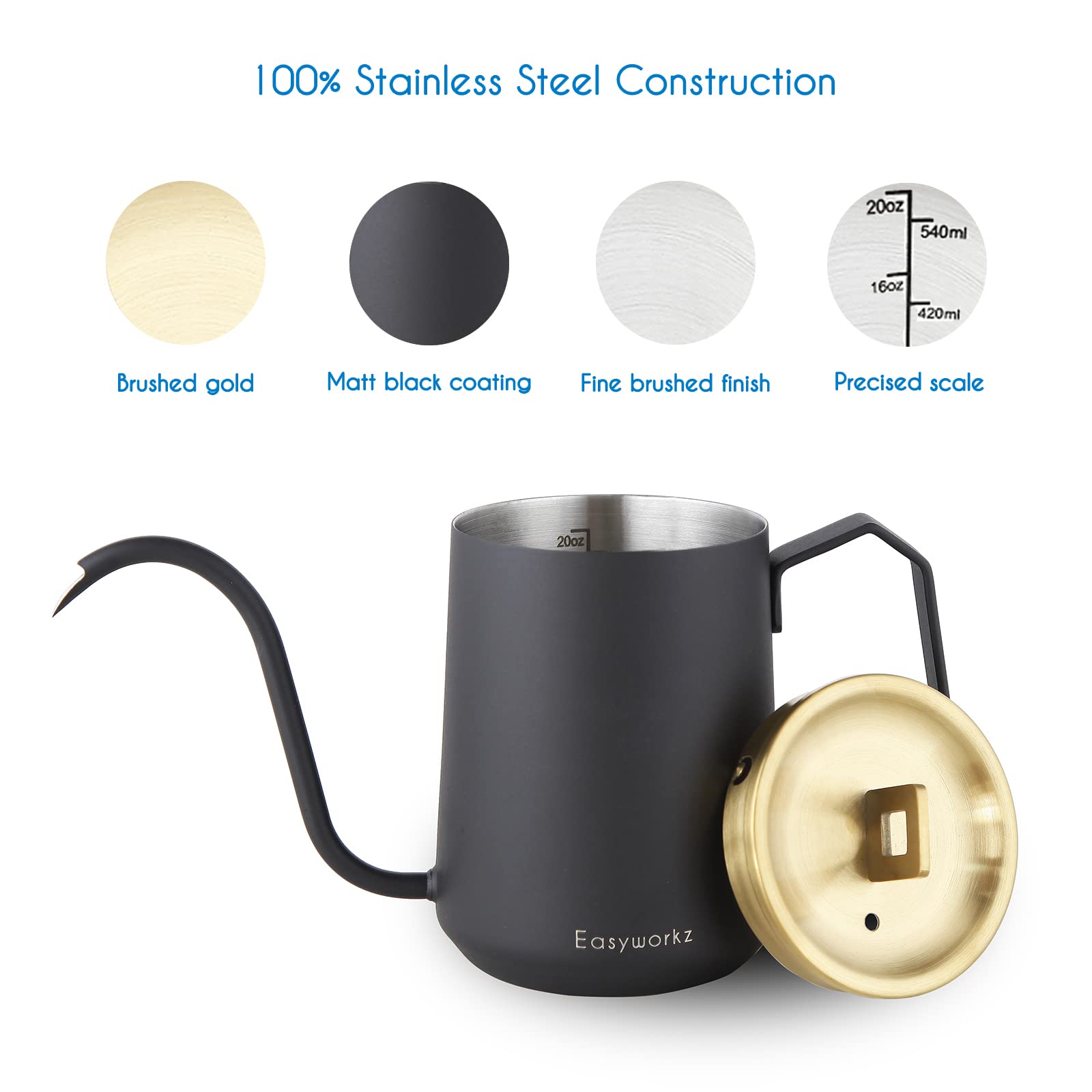 Easyworkz Gooseneck Pour Over Coffee Kettle 20 Oz Stainless Steel Hand Drip Coffee Pot With Long Narrow Spout, Brass Gold Black