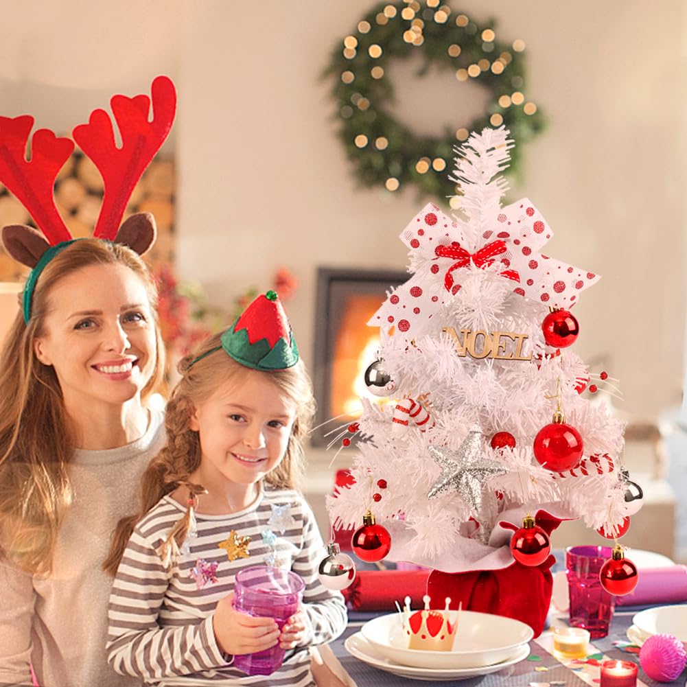 Mini White Christmas Tree, Tabletop Small Flocked Tree with Lights, Music & Ornaments - Indoor/Outdoor