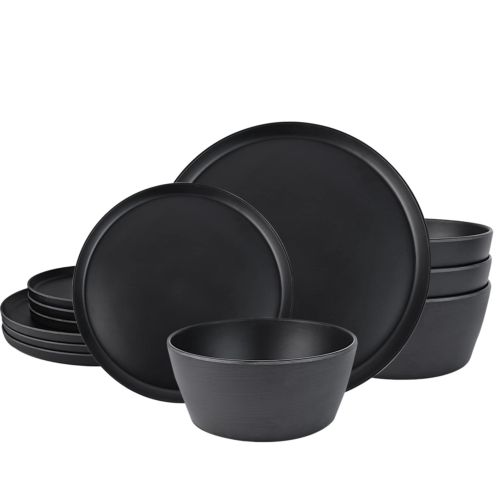 Afcevnlb 12-Piece Plastic Dinnerware Set Plates And Bowls Sets Service For 4 Matte Black Melamine Plates Unbreakable Plastic Out