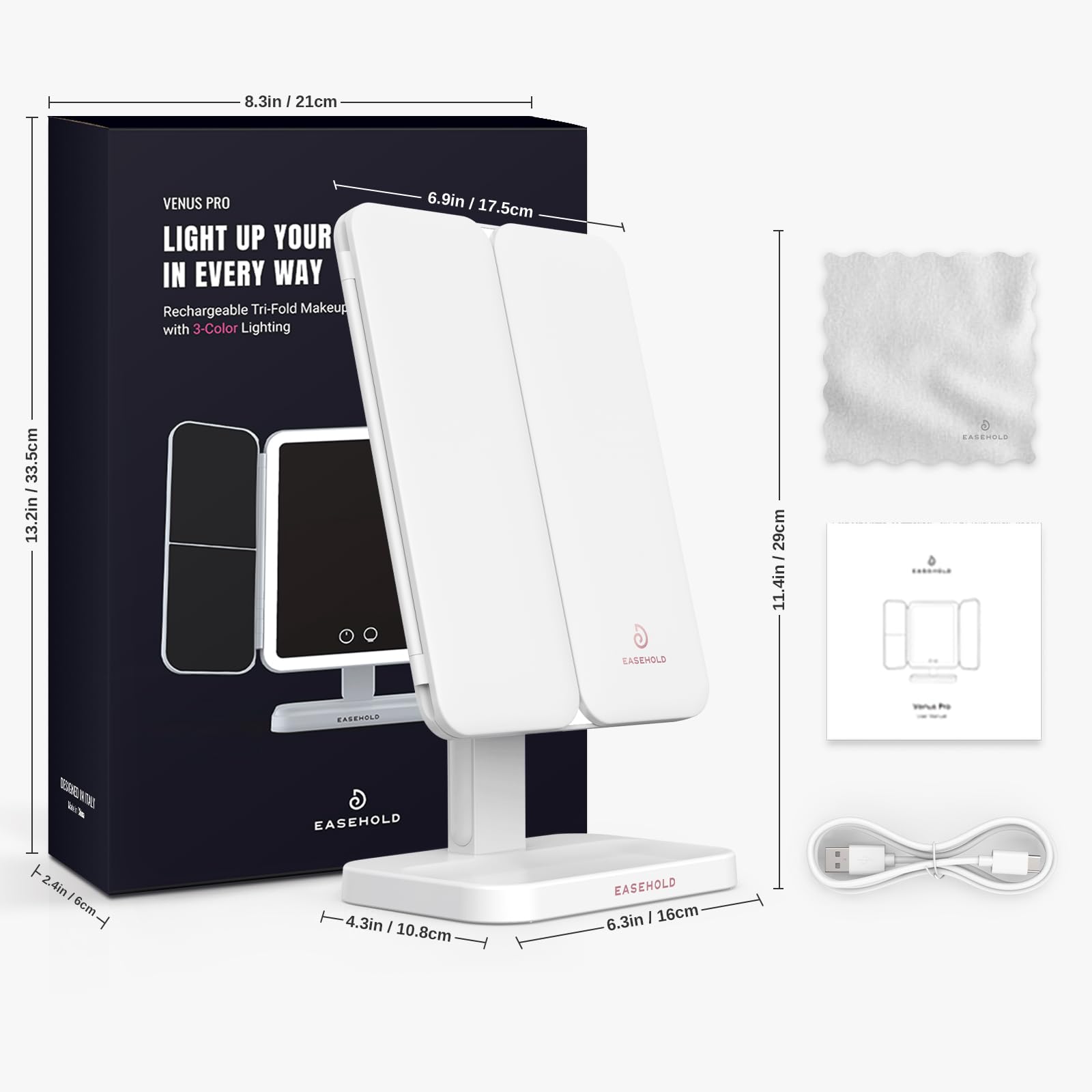 EASEHOLD Lighted Makeup Mirror - 3X Magnification, 3 Color Lights, Rechargeable Trifold Vanity Mirror, 14"L x 11.4"W, A-white, Model