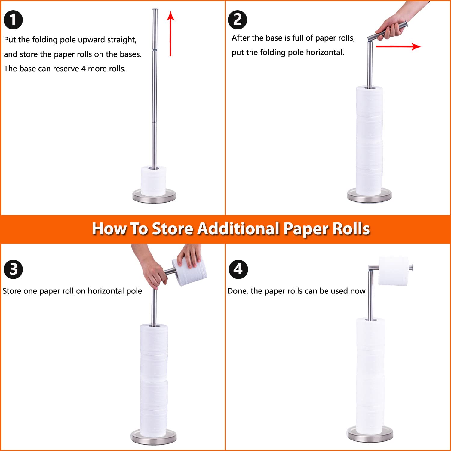 Toilet Paper Holder Stand Bathroom Toilet Paper Storage for 4 Paper Rolls with Heavy Base  Free Standing Toilet Paper Roll Holder (Brushed Nickel)
