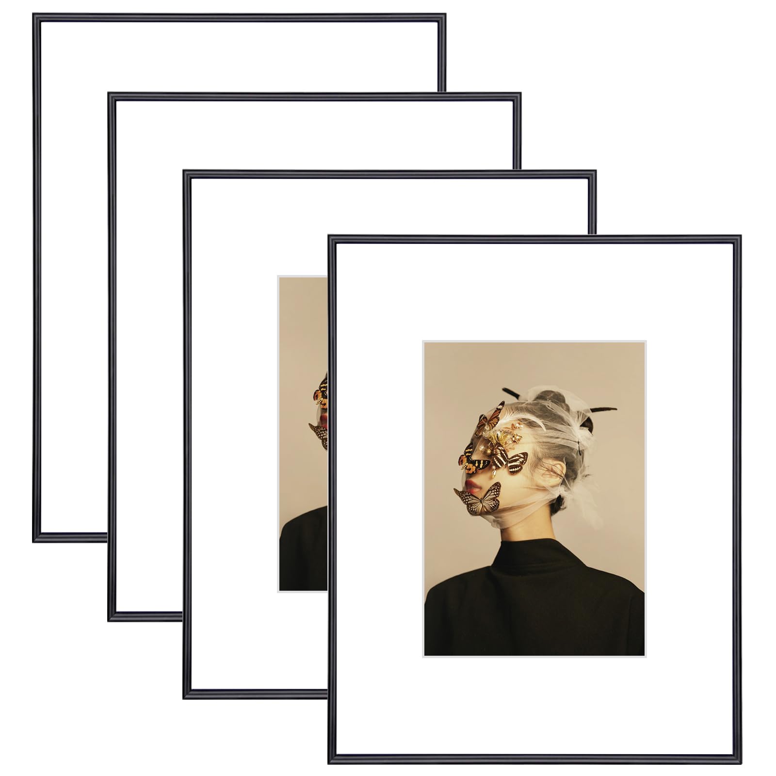 Fkvat 11x14 Picture Frame Set of 4, Matted Black Simple Modern Brushed Thin Aluminum Metal Photo Frame Fits 8x10 with Mat or 11 