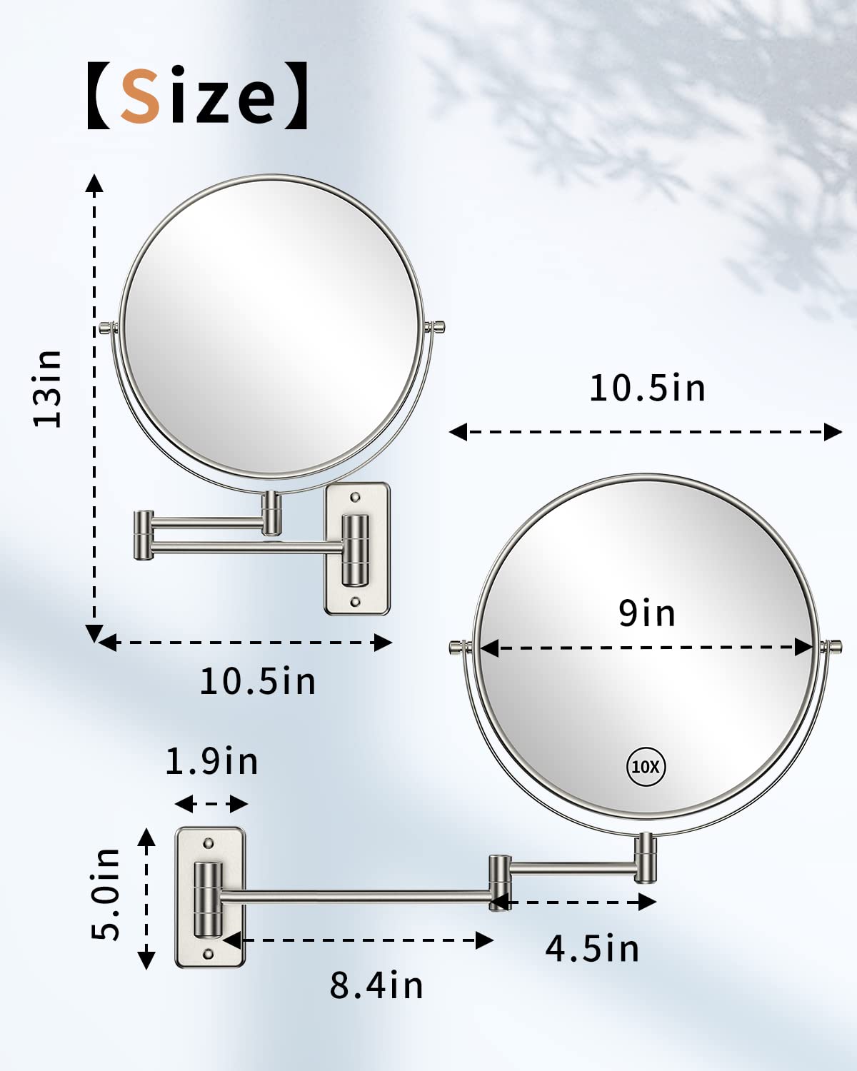 Benbilry 9'' Large Size Wall Mounted Makeup Mirror With 10X Magnification, Extendable Double Sided Vanity Mirror, 360