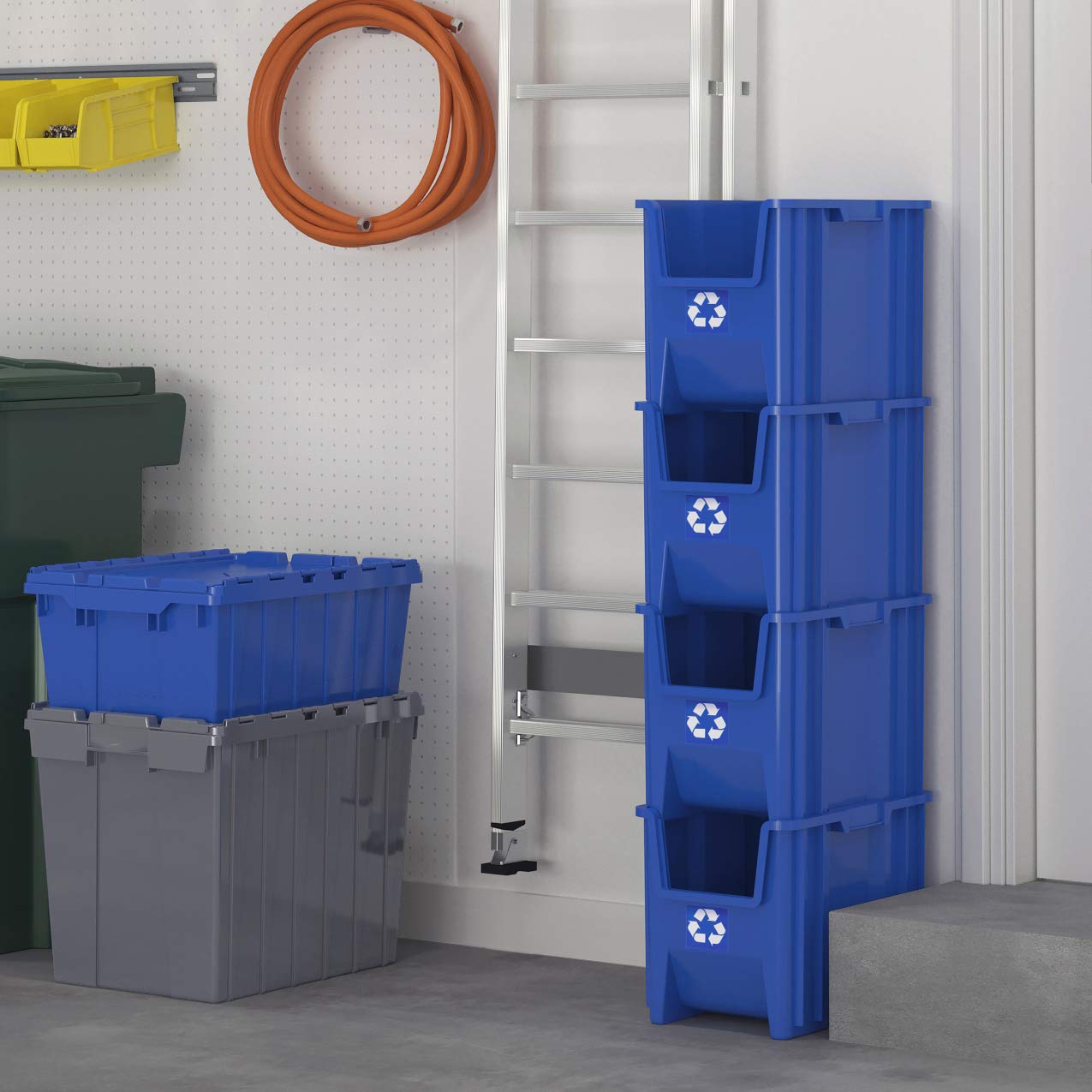 Readyspace Commercial Industrial Heavy Duty Stackable Open-Front Recycling Bin Box Containers, 7 Gallon, 4 Pack, Blue