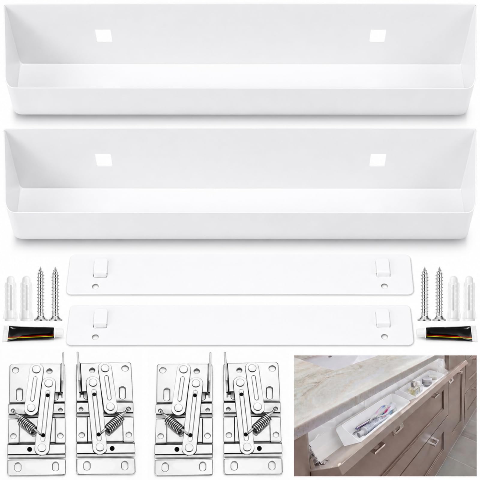 Zonon 2 Set 14 Inch Tip Out Sink Tray with Hinges, Kitchen Drawer Organizer