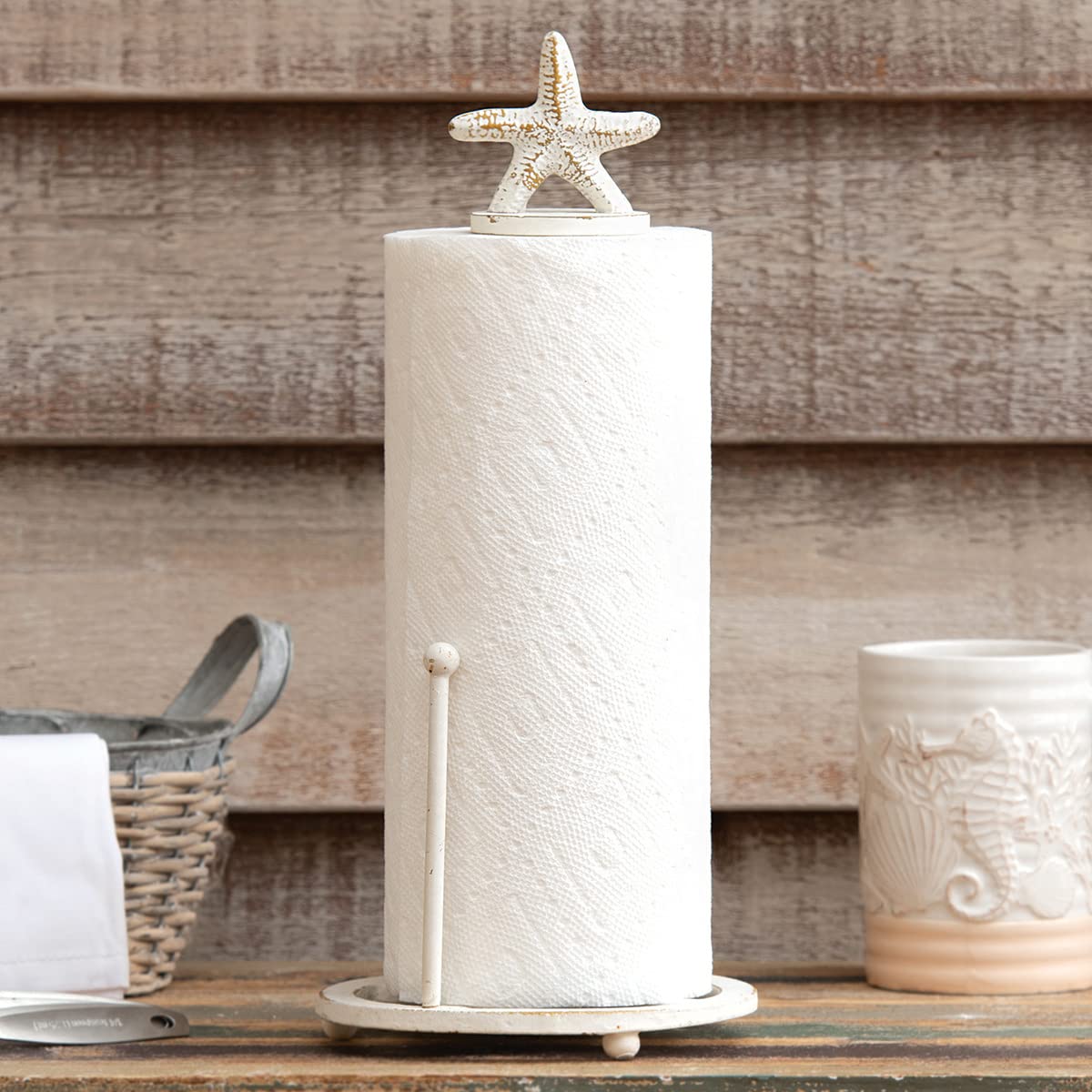 BLACK FOREST DECOR Sanibel Starfish Paper Towel Holder - White Metal Nautical Kitchen Decor, 6.25 Dia. x 15 H