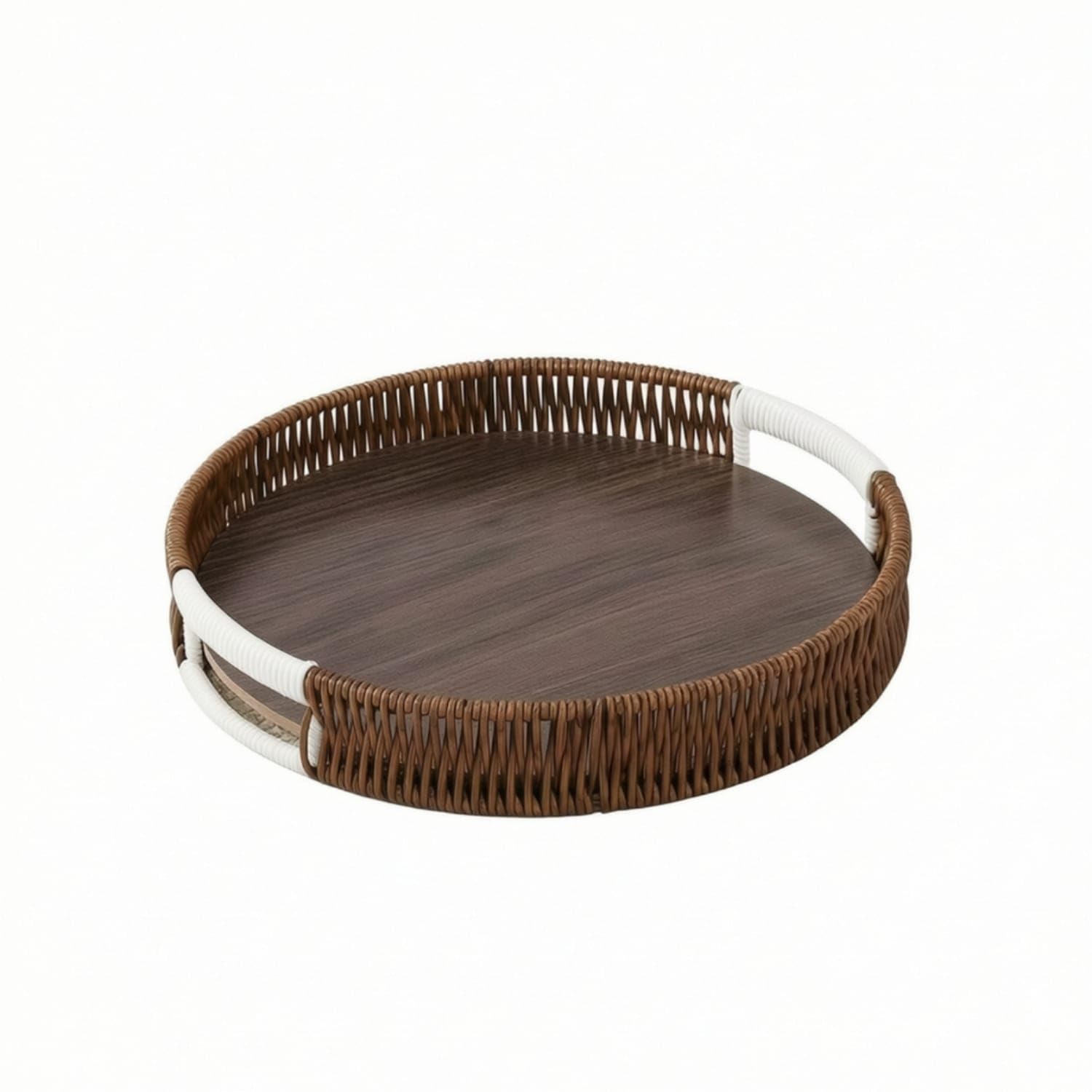 RattanStyle Round Serving Tray WoodGrain Tray With Handles Shallow Easy To Carry For Hosts, Tea Time, Coffee Table, 2745Cm, R