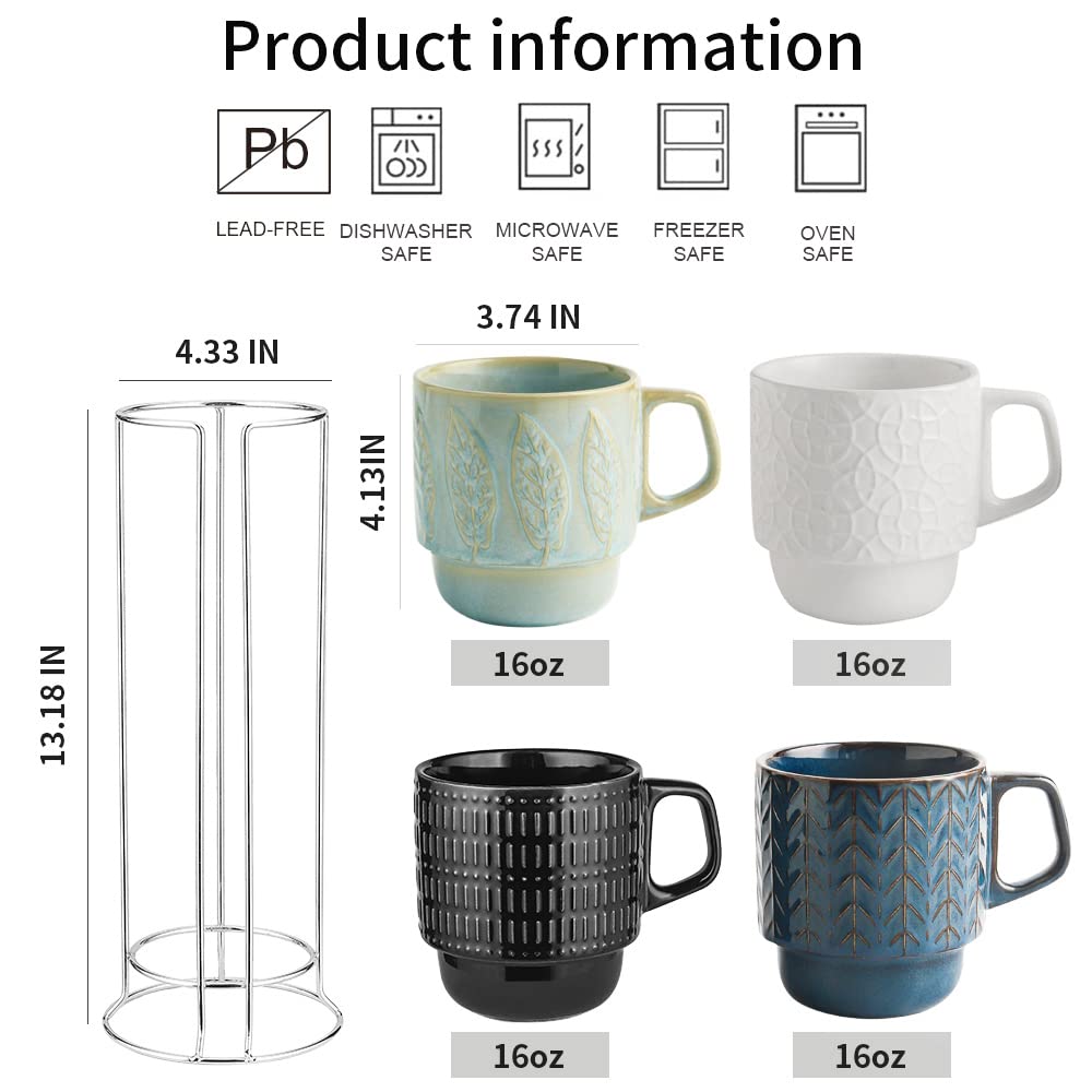 Koov Ceramic Coffee Mug Set With Stand, 16 Oz Coffee Mug For Coffee, Tea, Cocoa, Stackable Ceramic Coffee Cup Set Of 4, Large Co